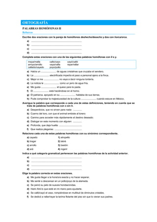 ORTOGRAFÍA
PALABRAS HOMÓFONAS II
Refuerzo
Escribe dos oraciones con la pareja de homófonos deshecho/desecho y dos con horca/orca.
a) ............................................................................
b) ............................................................................
c) ............................................................................
d) ............................................................................
Completa estas oraciones con una de las siguientes palabras homófonas con ll o y.
maya/malla callo/cayo cayó/calló
arroyo/arrollo vaya/valla rayar/rallar
callado/cayado poyo/pollo
a) Había un ....................... de aguas cristalinas que cruzaba el sendero.
b) La ....................... electrificada impedía el paso a personal ajeno a la finca.
c) Mejor si me ....................... no vaya a decir ninguna tontería.
d) La noticia le ....................... como un jarro de agua fría.
e) Me gusta ....................... el queso para la pasta.
f) El ....................... está haciéndose en el horno.
g) El patriarca, apoyado en su ....................... hablaba de sus tierras.
h) Pude comprobar la majestuosidad de la cultura ....................... cuando estuve en México.
Averigua la palabra que corresponde a cada una de estas definiciones, teniendo en cuenta que se
trata de palabras homófonas con o sin h.
a) Desperdicios, que no sirven para nada: .............
b) Cuerno del toro, con que el animal embiste al torero:
c) Camino para acceder más rápidamente al destino deseado:
d) Dialogar en este momento con alguien: .............
e) Profunda, que deja huella: ..................................
f) Que realiza plegarias: .........................................
Relaciona cada una de estas palabras homófonas con su sinónimo correspondiente.
a) cayado 1) atropello
b) tragar 2) labré
c) arrollo 3) bastón
d) aré 4) ingerir
Indica a qué categoría gramatical pertenecen las palabras homófonas de la actividad anterior.
a) ............................................................................
b) ............................................................................
c) ............................................................................
d) ............................................................................
Elige la palabra correcta en estas oraciones.
a) Me gusta llegar a la hora/ora exacta y no hacer esperar.
b) Me senté a descansar en un pollo/poyo de la alameda.
c) Se peinó su pelo de suaves hondas/ondas.
d) Haré /Aré lo que esté en mi mano para ayudarte.
e) Se calló/cayó el vaso, rompiéndose en multitud de diminutos cristales.
f) Se dedicó a rallar/rayar la tarima flotante del piso sin que lo vieran sus padres.
 