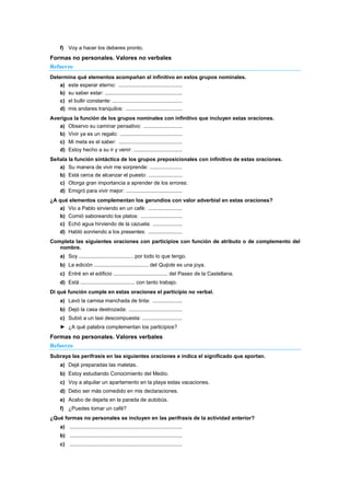 f) Voy a hacer los deberes pronto.
Formas no personales. Valores no verbales
Refuerzo
Determina qué elementos acompañan al infinitivo en estos grupos nominales.
a) este esperar eterno: ...........................................
b) su saber estar: ....................................................
c) el bullir constante: ...............................................
d) mis andares tranquilos: ......................................
Averigua la función de los grupos nominales con infinitivo que incluyen estas oraciones.
a) Observo su caminar pensativo: ..........................
b) Vivir ya es un regalo: ..........................................
c) Mi meta es el saber: ...........................................
d) Estoy hecho a su ir y venir: .................................
Señala la función sintáctica de los grupos preposicionales con infinitivo de estas oraciones.
a) Su manera de vivir me sorprende: ......................
b) Está cerca de alcanzar el puesto: .......................
c) Otorga gran importancia a aprender de los errores:
d) Emigró para vivir mejor: ......................................
¿A qué elementos complementan los gerundios con valor adverbial en estas oraciones?
a) Vio a Pablo sirviendo en un café: .......................
b) Comió saboreando los platos: ............................
c) Echó agua hirviendo de la cazuela: ....................
d) Habló sonriendo a los presentes: .......................
Completa las siguientes oraciones con participios con función de atributo o de complemento del
nombre.
a) Soy ..................................... por todo lo que tengo.
b) La edición ..................................... del Quijote es una joya.
c) Entré en el edificio ..................................... del Paseo de la Castellana.
d) Está ..................................... con tanto trabajo.
Di qué función cumple en estas oraciones el participio no verbal.
a) Lavó la camisa manchada de tinta: ....................
b) Dejó la casa destrozada: ....................................
c) Subió a un taxi descompuesta: ...........................
► ¿A qué palabra complementan los participios?
Formas no personales. Valores verbales
Refuerzo
Subraya las perífrasis en las siguientes oraciones e indica el significado que aportan.
a) Dejé preparadas las maletas.
b) Estoy estudiando Conocimiento del Medio.
c) Voy a alquilar un apartamento en la playa estas vacaciones.
d) Debo ser más comedido en mis declaraciones.
e) Acabo de dejarla en la parada de autobús.
f) ¿Puedes tomar un café?
¿Qué formas no personales se incluyen en las perífrasis de la actividad anterior?
a) ............................................................................
b) ............................................................................
c) ............................................................................
 