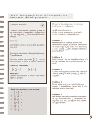 9 
GUIA 59: Suma y simplificación de fracciones distinto 
denominador, uno múltiplo de otro 
Resuelve los siguientes problemas 
indicando en cada caso: 
(a) El procedimiento. 
(b) La operación con su resultado. 
(c) La respuesta del problema. 
Problema 1: 
Marta compró un corte de género para 
confeccionar un juego de sábanas. En la sábana 
de abajo ocupó 3 
del corte, en la de arriba 
10 
y en las fundas 1 
. ¿Qué fracción del corte de 
género utilizó? 
10 
Problema 2: 
Luisa compró Kg. de chocolate amargo y 
Kg. de chocolate dulce ¿Cuánto compró en 
total? 
25 
15 
7 
15 
Problema 3: 
Cuánto tiempo gastó José en subir y bajar un 
cerro si tardó de hora subirlo y hora en 
bajarlo? 
34 
12 
Problema 4: 
En su testamento, una mujer le dejó a su 
esposo 6 
13 
de sus bienes y a sus hijos 11 
. ¿Le 
26 
dejó algo a otras personas? 
Problema 5: 
Dos amigos decidieron compartir una botella 
de jugo. El primero tomó de la botella, el 
segundo de ella. ¿Qué parte de la botella 
de jugo bebieron? 
14 
58 
Problema resuelto 
La señora Marta horneó 2 queques iguales Su 
hijo Juan comió del primero y su hija Lucía 
14 
del segundo ¿Cuánto comieron entre 
38 
ambos? 
Solución 
Entre ambos comieron la suma de lo que comió 
cada uno 
Esto puede resumirse en el siguiente esquema: 
Procedimiento: 
Expresar ambas fracciones y con un 
denominador común y luego sumarlas 
Operación y resultado: 
28 
14 
1·2 
4·2 
38 
28 
= = + = 
38 
14 
58 
Respuesta: 
Entre los dos comieron la porción equivalente 
a de un queque 58 
Realiza las siguientes operaciones: 
1. + = 
2. + = 
3. + = 
4. + = 
5. + = 
6. + = 
234 
12 
34 
62 
2 
25 
13 
360 
25 
391 
48 
2 
31 
35 
7 
18 
18 
30 
 