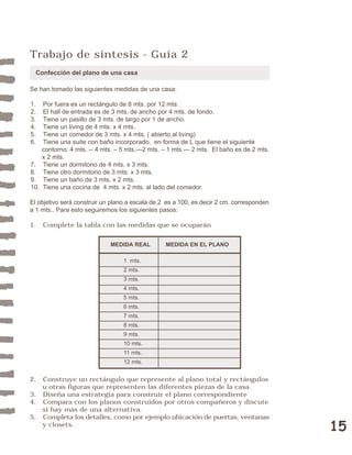 15 
Trabajo de síntesis - Guía 2 
Confección del plano de una casa 
Se han tomado las siguientes medidas de una casa: 
1. Por fuera es un rectángulo de 8 mts. por 12 mts. 
2. El hall de entrada es de 3 mts. de ancho por 4 mts. de fondo. 
3. Tiene un pasillo de 3 mts. de largo por 1 de ancho. 
4. Tiene un living de 4 mts. x 4 mts. 
5. Tiene un comedor de 3 mts. x 4 mts. ( abierto al living) 
6. Tiene una suite con baño incorporado, en forma de L que tiene el siguiente 
contorno: 4 mts. -- 4 mts. – 5 mts.—2 mts. – 1 mts.— 2 mts. El baño es de 2 mts. 
x 2 mts. 
7. Tiene un dormitorio de 4 mts. x 3 mts. 
8. Tiene otro dormitorio de 3 mts. x 3 mts. 
9. Tiene un baño de 3 mts. x 2 mts. 
10. Tiene una cocina de 4 mts. x 2 mts. al lado del comedor. 
El objetivo será construir un plano a escala de 2 es a 100, es decir 2 cm. corresponden 
a 1 mts.. Para esto seguiremos los siguientes pasos: 
1. Complete la tabla con las medidas que se ocuparán 
MEDIDA REAL MEDIDA EN EL PLANO 
1 mts. 
2 mts. 
3 mts. 
4 mts. 
5 mts. 
6 mts. 
7 mts. 
8 mts. 
9 mts. 
10 mts. 
11 mts. 
12 mts. 
2. Construye un rectángulo que represente al plano total y rectángulos 
u otras figuras que representen las diferentes piezas de la casa. 
3. Diseña una estrategia para construir el plano correspondiente 
4. Compara con los planos construidos por otros compañeros y discute 
si hay más de una alternativa. 
5. Completa los detalles, como por ejemplo ubicación de puertas, ventanas 
y closets. 
 