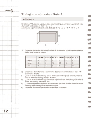 12 
Trabajo de síntesis - Guía 4 
Volúmenes 
El volumen, Vol., de una caja cuya base es un rectángulo con largo L y ancho A y su 
altura es H está dado por Vol. = A · L · H 
Además, su superficie lateral, S, está dada por S = 2 · A · L + 2 · A · H+2 · L · H 
A 
H 
L 
1) Encuentre el volumen y la superficie lateral de las cajas cuyas magnitudes están 
dadas en el siguiente cuadro: 
CAJA1 CAJA 2 CAJA 3 CAJA 4 CAJA 5 CAJA 6 
Ancho 3 6 5 1 3 2 
Largo 8 2 1.2 0.5 12 8 
Alto 2 4 3 4 5 3.8 
2) Una envase de leche tiene a centímetros de ancho, l centímetros de largo y h 
centímetros de alto: 
i) ¿Cuál es la altura de una caja con la misma capacidad que el envase pero que 
tiene el doble de ancho y el doble de alto? 
ii) ¿Cuál es la altura de otra caja con doble capacidad que el envase y que tiene la 
mitad del ancho y el triple de alto? 
iii) ¿Cuánto mayor es la capacidad de otro envase que tiene el doble de ancho, doble 
de alto y doble de largo que el envase original? 
iv) Encuentre el volumen y la superficie lateral de todos ellos. 
