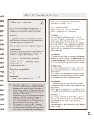5 
GUÍA 115: Fórmulas de la Física 
Problema resuelto 
Si d es el número de kilómetros que recorre un 
vehículo en t horas, escribe una fórmula que 
permita calcular la rapidez media del vehículo. 
Solución 
La rapidez media de un vehículo es el cuociente 
entre la distancia recorrida por él y el tiempo que 
demora en recorrer dicha distancia. 
Esto se puede resumir en el siguiente esquema: 
Procedimiento: 
Designamos la rapidez media por v; la distancia 
recorrida en kilómetros por d; y el tiempo que 
demora en recorrer dicha distancia por t. 
Y, como la Rapidez media es igual a 
, entonces v es el 
distancia recorrida 
tiempo empleado 
cuociente entre d y t. 
Operaciones y resultado 
d 
t 
Respuesta: 
La rapidez media del vehículo es: . 
Resuelve los siguientes problemas 
indicando en cada caso: 
(a) El procedimiento. 
(b) La operación con su resultado. 
(c) La respuesta del problema. 
Problema 1: 
“La aceleración media es la razón entre la 
variación de rapidez producida en un intervalo 
de tiempo y dicho intervalo de tiempo” 
Si un móvil comienza un recorrido con rapidez 
inicial vi , termina el recorrido con rapidez final 
vf y el viaje le toma un tiempo t, escribe una 
fórmula que nos permita calcular la aceleración 
media del móvil. 
Problema 2: 
“En todo proceso físico se cumple que la masa 
final de un cuerpo es igual a la masa inicial, más 
la masa que gana el cuerpo durante el proceso”. 
Escribe una fórmula que describa este principio. 
Problema 3: 
"La fuerza total que actúa sobre un cuerpo es 
igual al producto de la masa del cuerpo por su 
aceleración”. 
Si un cuerpo se mueve con aceleración a y tiene 
masa m, escribe la fórmula que permite calcular 
la fuerza total que actúa sobre este cuerpo. 
Problema 4: 
“La densidad de un cuerpo (o líquido) es el 
cuociente entre la masa del cuerpo y el volumen 
que ocupa”. 
Si la masa de un cuerpo es m y su volumen es V, 
¿con qué fórmula se calcula la densidad d del cuerpo? 
Problema 5: 
“La energía potencial de un cuerpo es igual al 
producto de su masa m, por la aceleración de 
gravedad g y por la altura h a la que se 
encuentra”. 
Escribe la fórmula que permita calcular la energía 
potencial Ep. 
d 
t 
v = 
Realiza las siguientes operaciones: 
1. Si la masa de un cuerpo es m =10 y su aceleración 
es 2a, entonces la fuerza que actúa sobre él es : 
2. Si una bola de masa m =15 se encuentra a una 
altura h = 22 y tiene aceleración g, entonces 
su energía potencial es: 
3. A una piscina vacía se le agrega una masa de 
agua,mg = 154120 , entonces la piscina 
contiene una masa final de agua mf = 
4. Si un cuerpo está a una altura 5h y su masa 
es 3m, su energía potencial es Ep= 
5. Si la masa de un cuerpo es 2m y ocupa un 
volumen 2V, la densidad del cuerpo es d = 
6. Si la aceleración de un cuerpo es a = 3,5 y su masa 
es m, la Fuerza Total que se ejerce sobre él es F = 
v = 
 