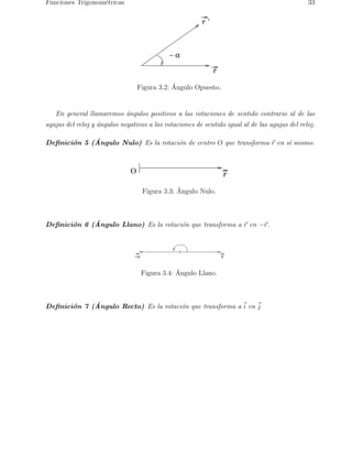 Funciones Trigonom´etricas 33 
r 
r ’ 
− a 
Figura 3.2: ´ Angulo Opuesto. 
En general llamaremos ´angulos positivos a las rotaciones de sentido contrario al de las 
agujas del reloj y ´angulos negativos a las rotaciones de sentido igual al de las agujas del reloj. 
Definici´on 5 (´Angulo Nulo) Es la rotaci´on de centro O que transforma ~r en s´ı mismo. 
O r 
Figura 3.3: ´ Angulo Nulo. 
Definici´on 6 (´Angulo Llano) Es la rotaci´on que transforma a ~r en −~r. 
−r r 
Figura 3.4: ´ Angulo Llano. 
Definici´on 7 (´Angulo Recto) Es la rotaci´on que transforma a~i 
en ~j 
 