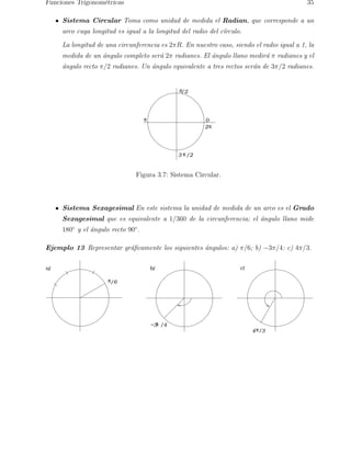 Funciones Trigonom´etricas 35 
Sistema Circular Toma como unidad de medida el Radian, que corresponde a un 
arco cuya longitud es igual a la longitud del radio del c´ırculo. 
La longitud de una circunferencia es 2πR. En nuestro caso, siendo el radio igual a 1, la 
medida de un ´angulo completo ser´a 2π radianes. El ´angulo llano medir´a π radianes y el 
´angulo recto π/2 radianes. Un ´angulo equivalente a tres rectos ser´an de 3π/2 radianes. 
0 
/2 
p 
p 
3 p  /2 
2p 
Figura 3.7: Sistema Circular. 
Sistema Sexagesimal En este sistema la unidad de medida de un arco es el Grado 
Sexagesimal que es equivalente a 1/360 de la circunferencia; el ´angulo llano mide 
180◦ y el ´angulo recto 90◦. 
Ejemplo 13 Representar gr´aficamente los siguientes ´angulos: a) π/6; b) −3π/4: c) 4π/3. 
a) b) 
p/6 
−3  /4 
4  /3 
p 
p 
c) 
 