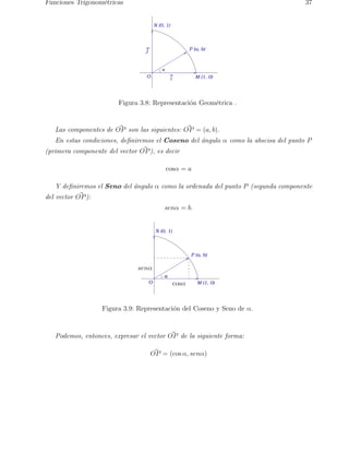 Funciones Trigonom´etricas 37 
P (a, b) 
N (0, 1) 
j 
O M (1, 0) 
i 
a 
Figura 3.8: Representaci´on Geom´etrica . 
Las componentes de O~P son las siguientes: O~P = (a, b). 
En estas condiciones, definiremos el Coseno del ´angulo α como la abscisa del punto P 
(primera componente del vector O~P), es decir 
cosα = a 
Y definiremos el Seno del ´angulo α como la ordenada del punto P (segunda componente 
del vector O~P): 
senα = b. 
P (a, b) 
N (0, 1) 
a 
O M (1, 0) 
cosα 
senα 
Figura 3.9: Representaci´on del Coseno y Seno de α. 
Podemos, entonces, expresar el vector O~P de la siguiente forma: 
O~P = (cos α, senα) 
 