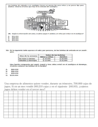 Una empresa de alimentos quiere vender, durante un trimestre, 700.000 cajas de
jugos. Si en un mes vendió 360.210 cajas y en el siguiente 240.955, ¿cuántos
jugos deben vender en el tercer mes?