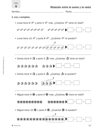11
©2007SantillanaEducación,S.L.
Relación entre la suma y la resta
Nombre Fecha
Ficha
9
■ Refuerzo.
1. Lee y completa.
• Luisa tiene 8 y pone 5 más. ¿Cuántos tiene en total?
• Luisa tiene 13 y quita 8 . ¿Cuántos le quedan?
ϭϩ
ϭϪ
• Carlos tiene 6 y pone 3 más. ¿Cuántas tiene en total?
• Carlos tiene 9 y quita 6 . ¿Cuántas le quedan?
ϭϩ
ϭϪ
• Miguel tiene 9 y pone 6 más. ¿Cuántas tiene en total?
• Miguel tiene 15 y quita 9 . ¿Cuántas le quedan?
ϭϩ
ϭϪ
▼▼
▼▼
▼▼
825521 _ 0001-0064.qxd 14/3/07 16:07 Página 11
 