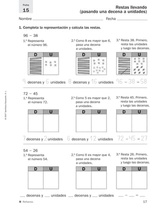 17
©2007SantillanaEducación,S.L. Restas llevando
(pasando una decena a unidades)
Nombre Fecha
Ficha
15
■ Refuerzo.
1. Completa la representación y calcula las restas.
1.º Representa
el número 96.
2.º Como 8 es mayor que 6,
pasa una decena
a unidades.
3.º Resta 38. Primero,
resta las unidades
y luego las decenas.
9decenas y 6unidades 8decenas y 16unidades 96Ϫ 38ϭ 58
96 Ϫ 38
1.º Representa
el número 72.
2.º Como 5 es mayor que 2,
pasa una decena
a unidades.
3.º Resta 45. Primero,
resta las unidades
y luego las decenas.
7decenas y 2unidades 6decenas y 12unidades
72 Ϫ 45
1.º Representa
el número 54.
2.º Como 6 es mayor que 4,
pasa una decena
a unidades.
3.º Resta 26. Primero,
resta las unidades
y luego las decenas.
decenas y unidades decenas y unidades Ϫ ϭ
54 Ϫ 26
72Ϫ 45ϭ 27
825521 _ 0001-0064.qxd 14/3/07 16:07 Página 17
 