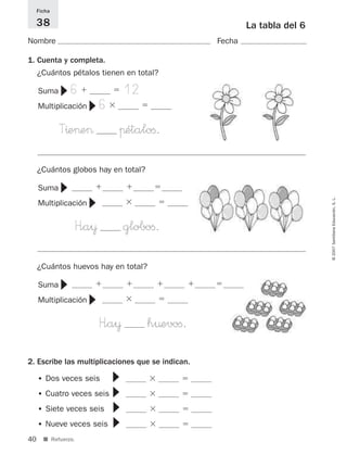40
©2007SantillanaEducación,S.L.
■ Refuerzo.
La tabla del 6
Nombre Fecha
Ficha
38
1. Cuenta y completa.
¿Cuántos pétalos tienen en total?
2. Escribe las multiplicaciones que se indican.
• Dos veces seis ϫ ϭ
• Cuatro veces seis ϫ ϭ
• Siete veces seis ϫ ϭ
• Nueve veces seis ϫ ϭ
▼▼▼▼
¿Cuántos globos hay en total?
¿Cuántos huevos hay en total?
Suma ϩ ϩ ϩ ϩ ϭ
Multiplicación ϫ ϭ
H”a¥ h¤evoﬁ.
▼
▼
Suma 6ϩ ϭ 12
Multiplicación 6ϫ ϭ
T^e>e> πétaloﬁ.
▼
▼
Suma ϩ ϩ ϭ
Multiplicación ϫ ϭ
H”a¥ globoﬁ.
▼
▼
825521 _ 0001-0064.qxd 14/3/07 16:07 Página 40
 