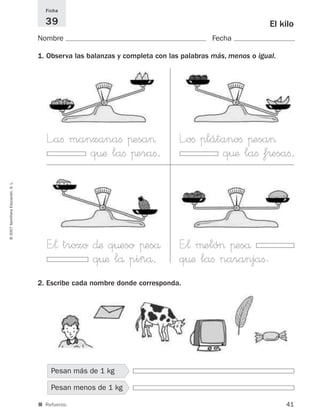 41
©2007SantillanaEducación,S.L.
■ Refuerzo.
El kilo
Nombre Fecha
Ficha
39
1. Observa las balanzas y completa con las palabras más, menos o igual.
2. Escribe cada nombre donde corresponda.
Pesan más de 1 kg
Pesan menos de 1 kg
L”aﬁ manzanaﬁ πesa>
q¤æ laﬁ πeraﬁ.
L”oﬁ πlátanoﬁ πesa>
q¤æ laﬁ f®esaﬁ.
E”¬ trozo ∂æ q¤eso πeså
q¤æ lå piñå.
E”¬ μeló> πeså
q¤æ laﬁ naranjaﬁ.
825521 _ 0001-0064.qxd 14/3/07 16:07 Página 41
 
