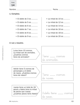 Juanjo tiene un total de 18
peces y Adela tiene la mitad
de peces que Juanjo.
¿Cuántos peces tiene Adela?
■ Ampliación.
Nombre Fecha
Ficha
14
1. Completa.
2. Lee y resuelve.
63
©2007SantillanaEducación,S.L.
• El doble de 3 es
• El doble de 5 es
• El doble de 6 es
• El doble de 7 es
• El doble de 8 es
• El doble de 9 es
• La mitad de 10 es
• La mitad de 12 es
• La mitad de 14 es
• La mitad de 16 es
• La mitad de 18 es
• La mitad de 20 es
Luisa tiene 10 cromos.
La mitad son de animales.
¿Cuántos cromos
tiene de animales?
Adrián tiene 5 cromos de
personajes y el doble
de naves. ¿Cuántos cromos
tiene de naves?
T^e>æ cromoﬁ
∂æ anima¬eﬁ.
T^e>æ cromoﬁ
∂æ na√±ﬁ.
A<∂elå t^e>æ cromoﬁ
∂æ πe©eﬁ.
825521 _ 0001-0064.qxd 14/3/07 16:07 Página 63
 