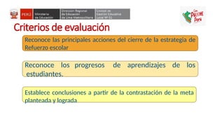 Criterios de evaluación
Reconoce las principales acciones del cierre de la estrategia de
Refuerzo escolar
Reconoce los progresos de aprendizajes de los
estudiantes.
Establece conclusiones a partir de la contrastación de la meta
planteada y lograda.
 