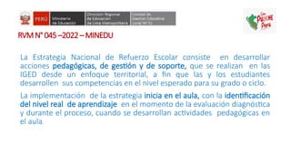 RVMN°045–2022–MINEDU
La Estrategia Nacional de Refuerzo Escolar consiste en desarrollar
acciones pedagógicas, de gestión y de soporte, que se realizan en las
IGED desde un enfoque territorial, a fin que las y los estudiantes
desarrollen sus competencias en el nivel esperado para su grado o ciclo.
La implementación de la estrategia inicia en el aula, con la identificación
del nivel real de aprendizaje en el momento de la evaluación diagnóstica
y durante el proceso, cuando se desarrollan actividades pedagógicas en
el aula.
 