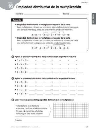 19Material fotocopiable © 2012 Santillana Educación, S. L.
FICHA
16
UNIDAD 4
Propiedad distributiva de la multiplicación
Nombre Fecha
REFUERZO
Recuerda
3 	 Lee y resuelve aplicando la propiedad distributiva de la multiplicación.
● Propiedad distributiva de la multiplicación respecto de la suma.
Para multiplicar un número por una suma, se multiplica el número por cada
uno de los sumandos y, después, se suman los productos obtenidos.
3 3 (2 1 4) 5 3 3 2 1 3 3 4 5 6 1 12 5 18
F
F
● Propiedad distributiva de la multiplicación respecto de la resta.
Para multiplicar un número por una resta, se multiplica el número por cada
uno de los términos y, después, se restan los productos obtenidos.
2 3 (7 2 4) 5 2 3 7 2 2 3 4 5 14 2 8 5 6
F
F
1 	 Aplica la propiedad distributiva de la multiplicación respecto de la suma.
● 3 3 (2 1 5) 5 3 1 3 5 1 5
● 2 3 (4 1 6) 5 3 1 3 5 1 5
● 5 3 (3 1 4) 5 3 1 3 5 1 5
● 6 3 (5 1 2) 5 3 1 3 5 1 5
2 	 Aplica la propiedad distributiva de la multiplicación respecto de la resta.
● 2 3 (5 2 3) 5 3 2 3 5 2 5
● 3 3 (6 2 2) 5 3 2 3 5 2 5
● 4 3 (7 2 3) 5 3 2 3 5 2 5
● 5 3 (8 2 4) 5 3 2 3 5 2 5
Solución:
Yolanda tiene en la floristería
4 jarrones con flores. Cada jarrón tiene
9 rosas y 2 margaritas. ¿Cuántas
flores hay en total en los jarrones?
387578 _ 0001-0080.indd 19 24/05/12 10:14
 
