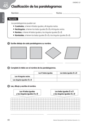 48 Material fotocopiable © 2012 Santillana Educación, S. L.
FICHA
45
UNIDAD 13
Clasificación de los paralelogramos
Nombre Fecha
REFUERZO
vRecuerda
Los paralelogramos pueden ser:
●  Cuadrados, si tienen 4 lados iguales y 4 ángulos rectos.
●  Rectángulos, si tienen los lados iguales 2 a 2 y 4 ángulos rectos.
●  Rombos, si tienen 4 lados iguales y los ángulos iguales 2 a 2.
● Romboides, si tienen los lados iguales 2 a 2 y los ángulos iguales 2 a 2.
1 	 Escribe debajo de cada paralelogramo su nombre.
2 	 Completa la tabla con el nombre de los paralelogramos.
3 	 Lee, dibuja y escribe el nombre.
Los lados iguales 2 a 2
y los ángulos iguales 2 a 2
Los 4 lados iguales
y los ángulos iguales 2 a 2
Los 4 lados iguales Los lados iguales 2 a 2
Los 4 ángulos rectos
Los ángulos iguales 2 a 2
387578 _ 0001-0080.indd 48 09/05/12 12:10
 