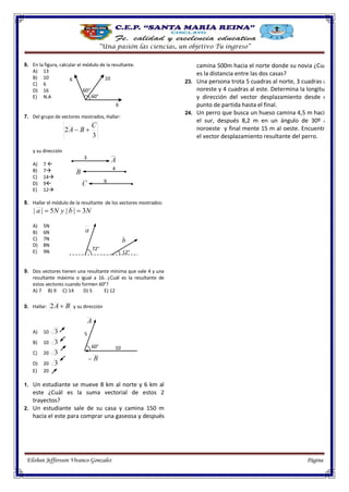 “Una pasión las ciencias, un objetivo Tu ingreso”
Elisban Jeffersson Vivanco Gonzales Página 3
16. En la figura, calcular el módulo de la resultante.
A) 13
B) 10
C) 6
D) 16
E) N.A
17. Del grupo de vectores mostrados, Hallar:
3
2
C
BA 
y su dirección
A) 7 
B) 7
C) 14
D) 9
E) 12
18. Hallar el módulo de la resultante de los vectores mostrados:
NbyNa 3||5|| 
A) 5N
B) 6N
C) 7N
D) 8N
E) 9N
19. Dos vectores tienen una resultante mínima que vale 4 y una
resultante máxima o igual a 16. ¿Cuál es la resultante de
estos vectores cuando formen 60°?
A) 7 B) 9 C) 14 D) 5 E) 12
20. Hallar: BA 2 y su dirección
A) 10 3
B) 10 3
C) 20 3
D) 20 3
E) 20
21. Un estudiante se mueve 8 km al norte y 6 km al
este ¿Cuál es la suma vectorial de estos 2
trayectos?
22. Un estudiante sale de su casa y camina 150 m
hacia el este para comprar una gaseosa y después
camina 500m hacia el norte donde su novia ¿Cuál
es la distancia entre las dos casas?
23. Una persona trota 5 cuadras al norte, 3 cuadras al
noreste y 4 cuadras al este. Determina la longitud
y dirección del vector desplazamiento desde el
punto de partida hasta el final.
24. Un perro que busca un hueso camina 4,5 m hacia
el sur, después 8,2 m en un ángulo de 30º al
noroeste y final mente 15 m al oeste. Encuentre
el vector desplazamiento resultante del perro.
60°
60°
6
106
72°
12°
5
1060°
–
4
3
9
 