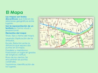 El Mapa
Los mapas son textos
discontinuos que indican las
relaciones geográficas entre
lugares.
Son la representación de un
territorio en forma visual y
proporcional.
Elementos del mapa:
Título: Tipo o tema del mapa.
Leyenda: Explicación de los
símbolos.
Escala: Relación entre la
distancia que separa dos
puntos en el mapa.
Paralelos y meridianos:
Posicionan un lugar en grados
de longitud y latitud.
Rosa de los vientos: Se
encuentran los puntos
cardinales.
Topónimos: Identificación de
los lugares.
 
