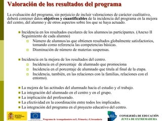 CONSEJERÍA DE EDUCACIÓNCONSEJERÍA DE EDUCACIÓN
JUNTA DE EXTREMADURAJUNTA DE EXTREMADURAPrograma dePrograma de AcompañamietoAcompañamieto en E. Primaria y E.Secundariaen E. Primaria y E.Secundaria
Valoración de los resultados del programaValoración de los resultados del programaValoración de los resultados del programa
La evaluación del programa, sin perjuicio de incluir valoraciones de carácter cualitativo,
deberá contener datos objetivos y cuantificablesobjetivos y cuantificables de la incidencia del programa en la mejora
del centro, del alumno y de otros aspectos sobre los que se haya actuado.
Incidencia en los resultados escolares de los alumnos/as participantes. (Anexo II
Seguimiento de cada alumno)
Número de alumnos/as que obtienen resultados globalmente satisfactorios,
tomando como referencia las competencias básicas.
Disminución de número de materias suspensas.
Incidencia en la mejora de los resultados del centro.
Incidencia en el porcentaje de alumnado que promociona
Incidencia en el porcentaje de alumnado que titula al final de la etapa.
Incidencia, también, en las relaciones con la familias, relaciones con el
entorno).
La mejora de las actitudes del alumnado hacia el estudio y el trabajo.
La integración del alumnado en el centro y en el grupo.
La implicación del profesorado.
La efectividad en la coordinación entre todos los implicados.
La integración del programa en el proyecto educativo del centro.
 