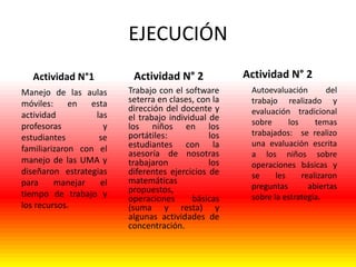EJECUCIÓN
Actividad N°1
Manejo de las aulas
móviles:
en
esta
actividad
las
profesoras
y
estudiantes
se
familiarizaron con el
manejo de las UMA y
diseñaron estrategias
para
manejar
el
tiempo de trabajo y
los recursos.

Actividad N° 2
Trabajo con el software
seterra en clases, con la
dirección del docente y
el trabajo individual de
los niños en los
portátiles:
los
estudiantes con la
asesoría de nosotras
trabajaron
los
diferentes ejercicios de
matemáticas
propuestos,
operaciones
básicas
(suma y resta) y
algunas actividades de
concentración.

Actividad N° 2
Autoevaluación
del
trabajo realizado y
evaluación tradicional
sobre
los
temas
trabajados: se realizo
una evaluación escrita
a los niños sobre
operaciones básicas y
se
les
realizaron
preguntas
abiertas
sobre la estrategia.

 