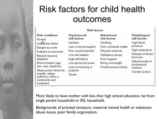 Risk factors for child health outcomes More likely to have mother with less than high school education; be from single parent household or ESL household. Backgrounds of prenatal stressors, maternal mental health or substance abuse issues, poor family organisation. 
