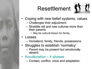 Resettlement Coping with new belief systems, values Challenges their adjustment Straddle old and new cultures more than their parents May be cultural liaison for family. Losses Homeland, family, friends, possessions Struggles to establish ‘normalcy’ Parent may be present but emotionally absent. Acculturation – 4 phases Contact, conflict, crisis and adaptation. 