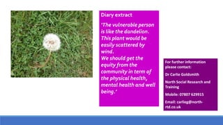 Diary extract 
‘The vulnerable person is like the dandelion. This plant would be easily scattered by wind. We should get the equity from the community in term of thephysical health, mental health and well being.’ 
For further information please contact: 
DrCarlie Goldsmith 
North Social Research and Training 
Mobile: 07807 629915 
Email: carlieg@north- rtd.co.uk  