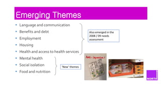Emerging Themes 
Language and communication 
Benefits and debt 
Employment 
Housing 
Health and access to health services 
Mental health 
Social isolation 
Food and nutrition 
Also emerged in the 2008 / 09 needs assessment 
‘New’ themes  