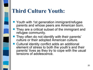 Third Culture Youth:
 Youth with 1st generation immigrant/refugee
  parents and whose peers are American born.
 They are a critical subset of the immigrant and
  refugee community.
 They often do not identify with their parents’
  culture or their adopted American culture.
 Cultural identity conflict adds an additional
  element of stress to both the youth’s and their
  parents’ lives as they try to cope with the usual
  tensions of adolescence.


                                                      20
 