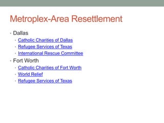 Metroplex-Area Resettlement
• Dallas
• Catholic Charities of Dallas
• Refugee Services of Texas
• International Rescue Committee
• Fort Worth
• Catholic Charities of Fort Worth
• World Relief
• Refugee Services of Texas

 