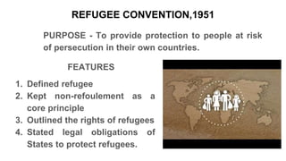 REFUGEE CONVENTION,1951
PURPOSE - To provide protection to people at risk
of persecution in their own countries.
FEATURES
1. Defined refugee
2. Kept non-refoulement as a
core principle
3. Outlined the rights of refugees
4. Stated legal obligations of
States to protect refugees.
 