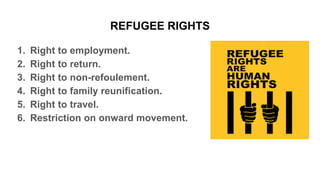 1. Right to employment.
2. Right to return.
3. Right to non-refoulement.
4. Right to family reunification.
5. Right to travel.
6. Restriction on onward movement.
REFUGEE RIGHTS
 