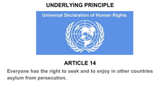 Everyone has the right to seek and to enjoy in other countries
asylum from persecution.
UNDERLYING PRINCIPLE
ARTICLE 14
 