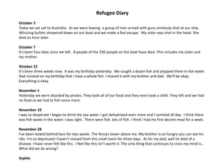 Refugee Diary
October 3
Today we set sail to Australia. As we were leaving a group of men armed with guns aimlessly shot at our ship.
Whizzing bullets showered down on our boat and we made a fast escape. My sister was shot in the head. She
died an hour later.
October 7
It’s been four days since we left. 8 people of the 250 people on the boat have died. This includes my sister and
my mother.
October 22
It’s been three weeks now. It was my birthday yesterday. We caught a dozen fish and plopped them in hot water.
Dad insisted on my birthday that I have a whole fish. I shared it with my brother and dad. We’ll be okay.
Everything is okay.
November 1
Yesterday we were attacked by pirates. They took all of our food and they even took a child. They left and we had
no food so we had to fish some more.
November 10
I was so desperate I began to drink the sea water. I got dehydrated even more and I vomited all day. I think there
was fish waste in the water. I was right. There were fish, lots of fish. I think I had my first decent meal for a week.
November 28
I’ve been locked behind bars for two weeks. The fences tower above me. My brother is so hungry you can see his
ribs. I’m so depressed I haven’t moved from this small room for three days. As for my dad, well he died of a
disease. I have never felt like this. I feel like this isn’t worth it. The only thing that continues to cross my mind is…
What did we do wrong?
Sophie

 