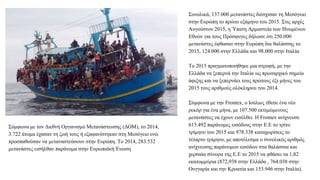 Σύμφωνα με τον Διεθνή Οργανισμό Μετανάστευσης (ΔΟΜ), το 2014,
3.722 άτομα έχασαν τη ζωή τους ή εξαφανίστηκαν στη Μεσόγειο ενώ
προσπαθούσαν να μεταναστεύσουν στην Ευρώπη. Το 2014, 283.532
μετανάστες εισήλθαν παράνομα στην Ευρωπαϊκή Ένωση
Συνολικά, 137.000 μετανάστες διέσχισαν τη Μεσόγειο
στην Ευρώπη το πρώτο εξάμηνο του 2015. Στις αρχές
Αυγούστου 2015, η Ύπατη Αρμοστεία των Ηνωμένων
Εθνών για τους Πρόσφυγες δήλωσε ότι 250.000
μετανάστες έφθασαν στην Ευρώπη δια θαλάσσης το
2015, 124.000 στην Ελλάδα και 98.000 στην Ιταλία
Το 2015 πραγματοποιήθηκε μια στροφή, με την
Ελλάδα να ξεπερνά την Ιταλία ως πρωταρχικό σημείο
άφιξης και να ξεπερνάει τους πρώτους έξι μήνες του
2015 τους αριθμούς ολόκληρου του 2014.
Σύμφωνα με την Frontex, ο Ιούλιος έθεσε ένα νέο
ρεκόρ για ένα μήνα, με 107.500 εκτιμώμενους
μετανάστες να έχουν εισέλθει. Η Frontex ανίχνευσε
615.492 παράνομες εισόδους στην Ε.Ε το τρίτο
τρίμηνο του 2015 και 978.338 καταχωρίσεις το
τέταρτο τρίμηνο, με αποτέλεσμα ο συνολικός αριθμός
ανίχνευσης παράνομων εισόδων στα θαλάσσια και
χερσαία σύνορα της Ε.Ε το 2015 να φθάσει τα 1,82
εκατομμύρια (872,938 στην Ελλάδα , 764.038 στην
Ουγγαρία και την Κροατία και 153.946 στην Ιταλία).
 