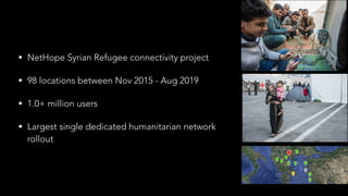 • NetHope Syrian Refugee connectivity project
• 98 locations between Nov 2015 - Aug 2019
• 1.0+ million users
• Largest single dedicated humanitarian network 
rollout
 