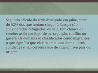 Segundo cálculo da ONU divulgado em julho, cerca
de 62% dos que tentam chegar à Europa são
considerados refugiados, ou seja, têm chance de
receber asilo por fugir de perseguição, conflito ou
guerra. Os demais são classificados como migrantes,
o que significa que viajam em busca de melhores
condições e não correm risco de vida em seu país de
origem.
 