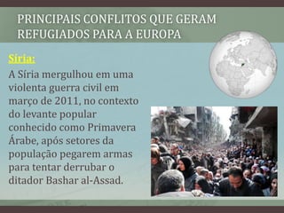 PRINCIPAIS CONFLITOS QUE GERAM
REFUGIADOS PARA A EUROPA
Síria:
A Síria mergulhou em uma
violenta guerra civil em
março de 2011, no contexto
do levante popular
conhecido como Primavera
Árabe, após setores da
população pegarem armas
para tentar derrubar o
ditador Bashar al-Assad.
 