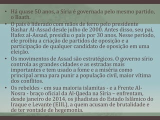 • Há quase 50 anos, a Síria é governada pelo mesmo partido,
o Baath.
• O país é liderado com mãos de ferro pelo presidente
Bashar Al-Assad desde julho de 2000. Antes disso, seu pai,
Hafez al-Assad, presidiu o país por 30 anos. Nesse período,
ele proibiu a criação de partidos de oposição e a
participação de qualquer candidato de oposição em uma
eleição.
• Os movimentos de Assad são estratégicos. O governo sírio
controla as grandes cidades e as estradas mais
importantes e tem usado a fome e a miséria como
principal arma para punir a população civil, maior vítima
dos conflitos.
• Os rebeldes - em sua maioria islamitas - e a Frente Al-
Nosra - braço oficial da Al-Qaeda na Síria – enfrentam,
desde janeiro de 2014, os jihadistas do Estado Islâmico do
Iraque e Levante (EIIL), a quem acusam de brutalidade e
de ter vontade de hegemonia.
 
