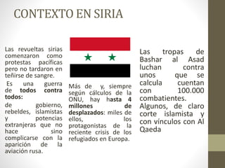 CONTEXTO EN SIRIA
Las revueltas sirias
comenzaron como
protestas pacíficas
pero no tardaron en
teñirse de sangre.
Es una guerra
de todos contra
todos:
de gobierno,
rebeldes, islamistas
y potencias
extranjeras que no
hace sino
complicarse con la
aparición de la
aviación rusa.
Más de y, siempre
según cálculos de la
ONU, hay hasta 4
millones de
desplazados: miles de
ellos, los
protagonistas de la
reciente crisis de los
refugiados en Europa.
Las tropas de
Bashar al Asad
luchan contra
unos que se
calcula cuentan
con 100.000
combatientes.
Algunos, de claro
corte islamista y
con vínculos con Al
Qaeda
 
