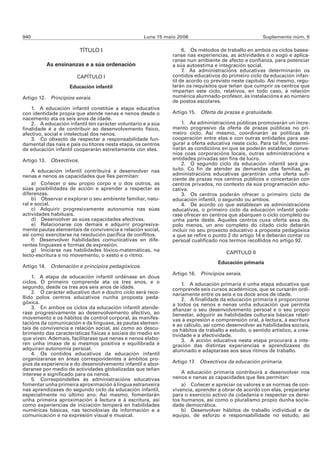 940                                                 Luns 15 maio 2006                                 Suplemento núm. 6

                         TÍTULO I                                  6. Os métodos de traballo en ambos os ciclos basea-
                                                              ranse nas experiencias, as actividades e o xogo e aplica-
                                                              ranse nun ambiente de afecto e confianza, para potenciar
          As ensinanzas e a súa ordenación                    a súa autoestima e integración social.
                                                                   7. As administracións educativas determinarán os
                       CAPÍTULO I                             contidos educativos do primeiro ciclo da educación infan-
                                                              til de acordo co previsto neste capítulo. Así mesmo, regu-
                    Educación infantil                        larán os requisitos que teñan que cumprir os centros que
                                                              impartan este ciclo, relativos, en todo caso, á relación
Artigo 12. Principios xerais.                                 numérica alumnado-profesor, ás instalacións e ao número
                                                              de postos escolares.
    1. A educación infantil constitúe a etapa educativa
con identidade propia que atende nenas e nenos desde o        Artigo 15. Oferta de prazas e gratuidade.
nacemento ata os seis anos de idade.
    2. A educación infantil ten carácter voluntario e a súa       1. As administracións públicas promoverán un incre-
finalidade é a de contribuír ao desenvolvemento físico,       mento progresivo da oferta de prazas públicas no pri-
afectivo, social e intelectual dos nenos.                     meiro ciclo. Así mesmo, coordinarán as políticas de
    3. Co obxecto de respectar a responsabilidade fun-        cooperación entre elas e con outras entidades para ase-
damental das nais e pais ou titores nesta etapa, os centros   gurar a oferta educativa neste ciclo. Para tal fin, determi-
de educación infantil cooperarán estreitamente con eles.      narán as condicións en que se poderán establecer conve-
                                                              nios coas corporacións locais, outras administracións e
Artigo 13. Obxectivos.                                        entidades privadas sen fins de lucro.
                                                                  2. O segundo ciclo da educación infantil será gra-
    A educación infantil contribuirá a desenvolver nas        tuíto. Co fin de atender as demandas das familias, as
nenas e nenos as capacidades que lles permitan:               administracións educativas garantirán unha oferta sufi-
                                                              ciente de prazas nos centros públicos e concertarán con
    a) Coñecer o seu propio corpo e o dos outros, as          centros privados, no contexto da súa programación edu-
súas posibilidades de acción e aprender a respectar as        cativa.
diferenzas.                                                       3. Os centros poderán ofrecer o primeiro ciclo de
    b) Observar e explorar o seu ambiente familiar, natu-     educación infantil, o segundo ou ambos.
ral e social.                                                     4. De acordo co que establezan as administracións
    c) Adquirir progresivamente autonomía nas súas            educativas, o primeiro ciclo da educación infantil pode-
actividades habituais.                                        rase ofrecer en centros que abarquen o ciclo completo ou
    d) Desenvolver as súas capacidades afectivas.             unha parte deste. Aqueles centros cuxa oferta sexa de,
    e) Relacionarse cos demais e adquirir progresiva-         polo menos, un ano completo do citado ciclo deberán
mente pautas elementais de convivencia e relación social,     incluír no seu proxecto educativo a proposta pedagóxica
así como exercitarse na resolución pacífica de conflitos.     a que se refire o punto 2 do artigo 14 e deberán contar co
    f) Desenvolver habilidades comunicativas en dife-         persoal cualificado nos termos recollidos no artigo 92.
rentes linguaxes e formas de expresión.
    g) Iniciarse nas habilidades lóxico-matemáticas, na                              CAPÍTULO II
lecto-escritura e no movemento, o xesto e o ritmo.
                                                                                  Educación primaria
Artigo 14. Ordenación e principios pedagóxicos.
                                                              Artigo 16. Principios xerais.
    1. A etapa de educación infantil ordénase en dous
ciclos. O primeiro comprende ata os tres anos, e o                1. A educación primaria é unha etapa educativa que
segundo, desde os tres aos seis anos de idade.                comprende seis cursos académicos, que se cursarán ordi-
    2. O carácter educativo dun e doutro ciclo será reco-     nariamente entre os seis e os doce anos de idade.
llido polos centros educativos nunha proposta peda-               2. A finalidade da educación primaria é proporcionar
góxica.                                                       a todos os nenos e nenas unha educación que permita
    3. En ambos os ciclos da educación infantil atende-       afianzar o seu desenvolvemento persoal e o seu propio
rase progresivamente ao desenvolvemento afectivo, ao          benestar, adquirir as habilidades culturais básicas relati-
movemento e os hábitos de control corporal, ás manifes-       vas á expresión e comprensión oral, á lectura, á escritura
tacións da comunicación e da linguaxe, ás pautas elemen-      e ao cálculo, así como desenvolver as habilidades sociais,
tais de convivencia e relación social, así como ao descu-     os hábitos de traballo e estudo, o sentido artístico, a crea-
brimento das características físicas e sociais do medio en    tividade e a afectividade.
que viven. Ademais, facilitarase que nenas e nenos elabo-         3. A acción educativa nesta etapa procurará a inte-
ren unha imaxe de si mesmos positiva e equilibrada e          gración das distintas experiencias e aprendizaxes do
adquiran autonomía persoal.                                   alumnado e adaptarase aos seus ritmos de traballo.
    4. Os contidos educativos da educación infantil
organizaranse en áreas correspondentes a ámbitos pro-
pios da experiencia e do desenvolvemento infantil e abor-     Artigo 17. Obxectivos da educación primaria.
daranse por medio de actividades globalizadas que teñan
interese e significado para os nenos.                             A educación primaria contribuirá a desenvolver nos
    5. Correspóndelles ás administracións educativas          nenos e nenas as capacidades que lles permitan:
fomentar unha primeira aproximación á lingua estranxeira          a) Coñecer e apreciar os valores e as normas de con-
nas aprendizaxes do segundo ciclo da educación infantil,      vivencia, aprender a obrar de acordo con elas, prepararse
especialmente no último ano. Así mesmo, fomentarán            para o exercicio activo da cidadanía e respectar os derei-
unha primeira aproximación á lectura e á escritura, así       tos humanos, así como o pluralismo propio dunha socie-
como experiencias de iniciación temperá en habilidades        dade democrática.
numéricas básicas, nas tecnoloxías da información e a             b) Desenvolver hábitos de traballo individual e de
comunicación e na expresión visual e musical.                 equipo, de esforzo e responsabilidade no estudo, así
 