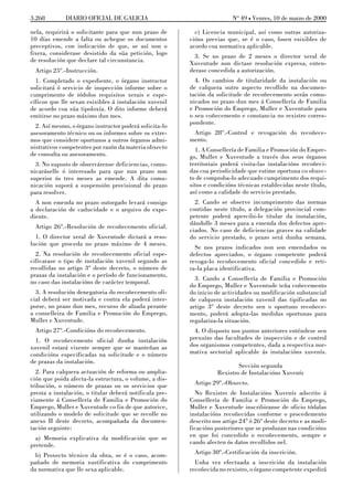 3.268        DIARIO OFICIAL DE GALICIA                                   No 49 L Venres, 10 de marzo de 2000

nela, requirirá o solicitante para que nun prazo de        c) Licencia municipal, así como outras autoriza-
10 días emende a falta ou achegue os documentos          cións previas que, se é o caso, fosen esixibles de
preceptivos, con indicación de que, se así non o         acordo coa normativa aplicable.
fixera, considerase desistido da súa petición, logo        3. Se no prazo de 2 meses o director xeral de
de resolución que declare tal circunstancia.             Xuventude non dictase resolución expresa, enten-
  Artigo 25º.-Instrucción.                               derase concedida a autorización.
  1. Completado o expediente, o órgano instructor          4. Os cambios de titularidade da instalación ou
solicitará ó servicio de inspección informe sobre o      de calquera outro aspecto recollido na documen-
cumprimento de tódolos requisitos xerais e espe-         tación da solicitude de recoñecemento serán comu-
cíficos que lle sexan esixibles á instalación xuvenil    nicados no prazo dun mes á Consellería de Familia
de acordo coa súa tipoloxía. O dito informe deberá       e Promoción do Emprego, Muller e Xuventude para
emitirse no prazo máximo dun mes.                        o seu coñecemento e constancia no rexistro corres-
                                                         pondente.
  2. Así mesmo, o órgano instructor poderá solicita-lo
asesoramento técnico ou os informes sobre os extre-       Artigo 28º.-Control e revogación do recoñece-
mos que considere oportunos a outros órganos admi-       mento.
nistrativos competentes por razón da materia obxecto       1. A Consellería de Familia e Promoción do Empre-
de consulta ou asesoramento.                             go, Muller e Xuventude a través dos seus órganos
  3. No suposto de observárense deficiencias, comu-      territoriais poderá visita-las instalacións recoñeci-
nicaráselle ó interesado para que nun prazo non          das coa periodicidade que estime oportuna co obxec-
superior ós tres meses as emende. A dita comu-           to de comproba-lo adecuado cumprimento dos requi-
nicación suporá a suspensión provisional do prazo        sitos e condicións técnicas establecidas neste título,
para resolver.                                           así como a calidade do servicio prestado.
  A non emenda no prazo outorgado levará consigo           2. Cando se observe incumprimento das normas
a declaración de caducidade e o arquivo do expe-         contidas neste título, a delegación provincial com-
diente.                                                  petente poderá apercibi-lo titular da instalación,
                                                         dándolle 3 meses para a emenda dos defectos apre-
  Artigo 26º.-Resolución de recoñecemento oficial.
                                                         ciados. No caso de deficiencias graves na calidade
  1. O director xeral de Xuventude dictará a reso-       do servicio prestado, o prazo será dunha semana.
lución que proceda no prazo máximo de 4 meses.
                                                           Se nos prazos indicados non son emendados os
  2. Na resolución de recoñecemento oficial espe-        defectos apreciados, o órgano competente poderá
cificarase o tipo de instalación xuvenil segundo as      revoga-lo recoñecemento oficial concedido e reti-
recollidas no artigo 3º deste decreto, o número de       ra-la placa identificativa.
prazas da instalación e o período de funcionamento,
                                                           3. Cando a Consellería de Familia e Promoción
no caso das instalacións de carácter temporal.
                                                         do Emprego, Muller e Xuventude teña coñecemento
  3. A resolución denegatoria do recoñecemento ofi-      do inicio de actividades ou modificación substancial
cial deberá ser motivada e contra ela poderá inter-      de calquera instalación xuvenil das tipificadas no
porse, no prazo dun mes, recurso de alzada perante       artigo 3º deste decreto sen o oportuno recoñece-
a conselleira de Familia e Promoción do Emprego,         mento, poderá adopta-las medidas oportunas para
Muller e Xuventude.                                      regulariza-la situación.
  Artigo 27º.-Condicións do recoñecemento.                 4. O disposto nos puntos anteriores enténdese sen
  1. O recoñecemento oficial dunha instalación           prexuízo das facultades de inspección e de control
xuvenil estará vixente sempre que se manteñan as         dos organismos competentes, dada a respectiva nor-
condicións especificadas na solicitude e o número        mativa sectorial aplicable ás instalacións xuvenís.
de prazas da instalación.
                                                                           Sección segunda
  2. Para calquera actuación de reforma ou amplia-                 Rexistro de Instalacións Xuvenís
ción que poida afecta-la estructura, o volume, a dis-
tribución, o número de prazas ou os servicios que          Artigo 29º.-Obxecto.
presta a instalación, o titular deberá notificala pre-     No Rexistro de Instalacións Xuvenís adscrito á
viamente á Consellería de Familia e Promoción do         Consellería de Familia e Promoción do Emprego,
Emprego, Muller e Xuventude co fin de que autorice,      Muller e Xuventude inscribiranse de oficio tódalas
utilizando o modelo de solicitude que se recolle no      instalacións recoñecidas conforme o procedemento
anexo II deste decreto, acompañada da documen-           descrito nos artigo 24º ó 26º deste decreto e as modi-
tación seguinte:                                         ficacións posteriores que se produzan nas condicións
  a) Memoria explicativa da modificación que se          en que foi concedido o recoñecemento, sempre e
pretende.                                                cando afecten ós datos recollidos nel.

  b) Proxecto técnico da obra, se é o caso, acom-          Artigo 30º.-Certificación da inscrición.
pañado de memoria xustificativa do cumprimento             Unha vez efectuada a inscrición da instalación
da normativa que lle sexa aplicable.                     recoñecida no rexistro, o órgano competente expedirá
 