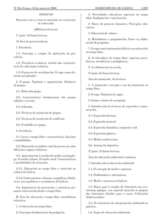 No 49 L Venres, 10 de marzo de 2000                            DIARIO OFICIAL DE GALICIA              3.293

                      ANEXO VII                           3. Necesidades educativas especiais no tempo
                                                        libre. Inadaptación e marxinación.
 PROGRAMA PARA O CURSO DE MONITORES DE ACTIVIDADES
                     DE TEMPO LIBRE                       4. Bases do proxecto formativo. Principios edu-
                                                        cativos.
                  (200 horas lectivas)
                                                         5. Educación de valores.
 1ª parte: 45 horas lectivas.
                                                          6. Metodoloxía e programación. Fases na elabo-
 A) Área de psicosocioloxía.                            ración do programa.
 1. Psicoloxía.                                           7. O xogo como instrumento didáctico na educación
  1.1. Concepto e campos de aplicación da psi-          no tempo libre.
coloxía.                                                  8. O educador/a de tempo libre: aspectos psico-
                                                        lóxicos, sociolóxicos e pedagóxicos.
  1.2. Psicoloxía evolutiva: estudio das caracterís-
ticas de cada etapa evolutiva.                           9. A colaboración na escola.
 1.3. O proceso de socialización. O xogo como ele-       2ª parte: 65 horas lectivas.
mento socializador.
                                                         Área de animación. As técnicas.
  2. O grupo. Tipoloxía e organización. Dinámica
de grupos.                                                1. A animación: concepto e uso da animación no
                                                        tempo libre.
 2.1. Roles dun grupo.
                                                         2. O xogo. Tipoloxía de xogos.
  2.2. Características fundamentais dos grupos
infantís e xuvenís.                                      3. Seráns e lumes de acampada.

 2.3. Liderado.                                           4. Introducción ás técnicas de expresión e comu-
                                                        nicación.
 2.4. Técnicas de animación de grupos.
                                                         4.1. Expresión literaria.
 2.5. Técnicas de resolución de conflictos.
                                                         4.2. Expresión musical.
 2.6. O traballo en equipo.
                                                         4.3. Expresión dramática: corporal e oral.
 3. Socioloxía.
                                                         4.4. Expresión plástica.
  3.1. Lecer e tempo libre: características, funcións
e modalidades.                                           4.5. Medios audiovisuais.

  3.2. Dimensión no ámbito vital da persoa nas súas      4.6. Animación deportiva.
diferentes etapas evolutivas.
                                                         3ª parte: 35 horas lectivas.
  3.3. Aproximación ó estudio do medio social gale-      Área de educación ambiental e natureza.
go. O medio urbano. O medio rural. Características
e posibilidades de actuación.                            1. Introducción á educación ambiental.
  3.3.1. Educación no tempo libre e inserción na         1.1. O concepto de medio e natureza.
cultura de Galicia.
                                                         1.2. Problemática e alternativas.
  3.3.2. Coñecementos culturais, xeográficos, folcló-
ricos, socio-políticos e económicos de Galicia.          1.3. Medio e natureza en Galicia.

 3.4. Importancia da prevención e asistencia pri-         1.4. Bases para o estudio de itinerarios nos eco-
maria: intervención desde o tempo libre.                sistemas galegos, con especial atención ós propios
                                                        dos itinerarios elixidos para o curso. Utilización
  B) Área de educación e tempo libre: metodoloxía       didáctica deles.
educativa.
                                                          1.5. Os itinerarios de interpretación ambiental na
 1. A educación no tempo libre.                         práctica.

 2. Conceptos fundamentais da pedagoxía.                 1.6. Xogos de educación ambiental.
 