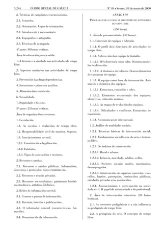 3.294        DIARIO OFICIAL DE GALICIA                                 No 49 L Venres, 10 de marzo de 2000

 2. Técnicas de campismo e excursionismo.                                   ANEXO VIII
 2.1. A marcha.                                         PROGRAMA PARA O CURSO DE DIRECTORES DE ACTIVIDADES
                                                                           DE TEMPO LIBRE
 2.2. Orientación. Xogos de orientación.
                                                                            (150 horas)
 2.3. Introducción á meteoroloxía.
                                                        1. Área de psicosocioloxía: (40 horas).
 2.4. Topografía e cartografía.
                                                        1.1. Dirección de equipos e liderado.
 2.5. Técnicas de acampada.
                                                         1.1.1. O perfil do/a director/a de actividades de
 4ª parte: 30 horas lectivas.                          tempo libre.
 Área de educación para a saúde.                        1.1.2. A dirección dun equipo de traballo.
  1. A hixiene e a sanidade nas actividades de tempo     1.1.2.1. O/A director/a como líder. Distintos mode-
libre.                                                 los de dirección.
  2. Aspectos sanitarios nas actividades de tempo        1.1.2.2. A dinámica do liderato. Desenvolvemento
libre.                                                 de xuntanzas de equipo.
 3. Prevención das drogodependencias.                   1.1.3. O equipo como base da intervención. Ani-
                                                       mación e dinámica dos equipos.
 4. Socorrismo e primeiros auxilios.
                                                        1.1.3.1. Estructura, evolución e roles.
 5. Alimentación e nutrición.
                                                         1.1.3.2. Elementos estructurais dos equipos:
 6. Sexualidade.
                                                       obxectivos, cohesión, normas.
 7. Seguridade e hixiene.
                                                        1.1.3.3. As etapas de evolución dos equipos.
 5ª parte: 25 horas lectivas.
                                                         1.1.3.4. Dificultades e conflictos. Estratexias de
 Área de organización e recursos.                      resolución.

 1. Lexislación.                                        1.1.4. A comunicación interpersoal.

 1.1. As escolas e titulacións de tempo libre.          1.2. Análise de realidades sociais.

 1.2. Responsabilidade civil do monitor. Seguros.       1.2.1. Técnicas básicas de intervención social.

 1.3. Asociacionismo xuvenil.                            1.2.2. Fundamentos sociolóxicos do ocio e do tem-
                                                       po libre.
 1.3.1. Constitución e legalización.
                                                        1.2.3. Os ámbitos de intervención.
 1.3.2. Estatutos.
                                                        1.2.3.1. Rural e urbano.
 1.3.3. Tipos de asociacións e rexistros.
                                                        1.2.3.2. Infancia, mocidade, adultos, vellez.
 2. Recursos e axudas.
                                                         1.2.3.3. Sectores sociais: muller, marxinados,
  2.1. Recursos e axudas públicas. Subvencións,        desempregados.
convenios e protocolos: tipos e tramitación.
                                                         1.2.3.4. Intervención en espacios concretos: con-
 2.2. Recursos e axudas privadas.                      cellos, barrios, parroquias, institucións públicas,
  2.3. Recursos socioculturais: patrimonio históri-    entidades privadas e/ou asociacións.
co-etnolóxico, artístico-folclórico.                     1.2.4. Asociacionismo e participación na socie-
 3. Redes de información xuvenil.                      dade civil. O papel do voluntariado e do profesional.

 3.1. Centros e puntos de información.                   2. Área de intervención educativa: (25 horas
                                                       lectivas).
 3.2. Revistas, boletíns e publicacións.
                                                         2.1. As correntes pedagóxicas e a súa influencia
 3.3. O informador xuvenil (características, for-      na pedagoxía do tempo libre.
mación).
                                                         2.2. A pedagoxía do ocio. O concepto de tempo
 3.4. Dinamización da información.                     libre.
 
