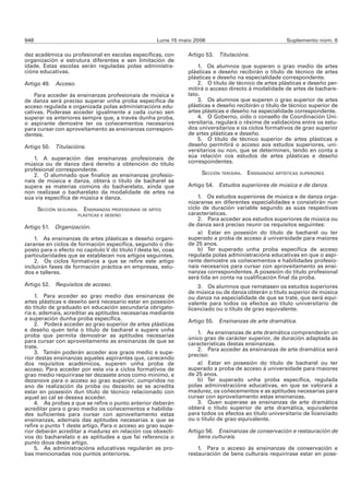 948                                                  Luns 15 maio 2006                                 Suplemento núm. 6

dez académica ou profesional en escolas específicas, con        Artigo 53. Titulacións.
organización e estrutura diferentes e sen limitación de
idade. Estas escolas serán reguladas polas administra-              1. Os alumnos que superen o grao medio de artes
cións educativas.                                               plásticas e deseño recibirán o título de técnico de artes
                                                                plásticas e deseño na especialidade correspondente.
Artigo 49. Acceso.                                                  2. O título de técnico de artes plásticas e deseño per-
                                                                mitirá o acceso directo á modalidade de artes de bachare-
    Para acceder ás ensinanzas profesionais de música e         lato.
de danza será preciso superar unha proba específica de              3. Os alumnos que superen o grao superior de artes
acceso regulada e organizada polas administracións edu-         plásticas e deseño recibirán o título de técnico superior de
cativas. Poderase acceder igualmente a cada curso sen           artes plásticas e deseño na especialidade correspondente.
superar os anteriores sempre que, a través dunha proba,             4. O Goberno, oído o consello de Coordinación Uni-
o aspirante demostre ter os coñecementos necesarios             versitaria, regulará o réxime de validacións entre os estu-
para cursar con aproveitamento as ensinanzas correspon-         dos universitarios e os ciclos formativos de grao superior
dentes.                                                         de artes plásticas e deseño.
                                                                    5. O título de técnico superior de artes plásticas e
Artigo 50. Titulacións.                                         deseño permitirá o acceso aos estudos superiores, uni-
                                                                versitarios ou non, que se determinen, tendo en conta a
    1. A superación das ensinanzas profesionais de              súa relación cos estudos de artes plásticas e deseño
música ou de danza dará dereito á obtención do título           correspondentes.
profesional correspondente.
    2. O alumnado que finalice as ensinanzas profesio-               SECCIÓN TERCEIRA. ENSINANZAS ARTÍSTICAS SUPERIORES
nais de música e danza, obterá o título de bacharel se
supera as materias comúns do bacharelato, aínda que             Artigo 54.   Estudos superiores de música e de danza.
non realizase o bacharelato da modalidade de artes na
súa vía específica de música e danza.                               1. Os estudos superiores de música e de danza orga-
                                                                nizaranse en diferentes especialidades e consistirán nun
      SECCIÓN SEGUNDA. ENSINANZAS PROFESIONAIS DE ARTES         ciclo de duración variable segundo as súas respectivas
                      PLÁSTICAS E DESEÑO                        características.
                                                                    2. Para acceder aos estudos superiores de música ou
Artigo 51. Organización.                                        de danza será preciso reunir os requisitos seguintes:
                                                                    a) Estar en posesión do título de bacharel ou ter
    1. As ensinanzas de artes plásticas e deseño organi-        superado a proba de acceso á universidade para maiores
zaranse en ciclos de formación específica, segundo o dis-       de 25 anos.
posto para o efecto no capítulo V do título I desta lei, coas       b) Ter superado unha proba específica de acceso
particularidades que se establecen nos artigos seguintes.       regulada polas administracións educativas en que o aspi-
    2. Os ciclos formativos a que se refire este artigo         rante demostre os coñecementos e habilidades profesio-
incluirán fases de formación práctica en empresas, estu-        nais necesarios para cursar con aproveitamento as ensi-
dos e talleres.                                                 nanzas correspondentes. A posesión do título profesional
                                                                será tida en conta na cualificación final da proba.
Artigo 52. Requisitos de acceso.                                    3. Os alumnos que rematasen os estudos superiores
                                                                de música ou de danza obterán o título superior de música
    1. Para acceder ao grao medio das ensinanzas de             ou danza na especialidade de que se trate, que será equi-
artes plásticas e deseño será necesario estar en posesión       valente para todos os efectos ao título universitario de
do título de graduado en educación secundaria obrigato-         licenciado ou o título de grao equivalente.
ria e, ademais, acreditar as aptitudes necesarias mediante
a superación dunha proba específica.                            Artigo 55.   Ensinanzas de arte dramática.
    2. Poderá acceder ao grao superior de artes plásticas
e deseño quen teña o título de bacharel e supere unha              1. As ensinanzas de arte dramática comprenderán un
proba que permita demostrar as aptitudes necesarias             único grao de carácter superior, de duración adaptada ás
para cursar con aproveitamento as ensinanzas de que se          características destas ensinanzas.
trate.                                                             2. Para acceder ás ensinanzas de arte dramática será
    3. Tamén poderán acceder aos graos medio e supe-            preciso:
rior destas ensinanzas aqueles aspirantes que, carecendo
dos requisitos académicos, superen unha proba de                   a) Estar en posesión do título de bacharel ou ter
acceso. Para acceder por esta vía a ciclos formativos de        superado a proba de acceso á universidade para maiores
grao medio requirirase ter dezasete anos como mínimo, e         de 25 anos.
dezanove para o acceso ao grao superior, cumpridos no              b) Ter superado unha proba específica, regulada
ano de realización da proba ou dezaoito se se acredita          polas administracións educativas, en que se valorará a
estar en posesión dun título de técnico relacionado con         madurez, os coñecementos e as aptitudes necesarias para
aquel ao cal se desexa acceder.                                 cursar con aproveitamento estas ensinanzas.
    4. As probas a que se refire o punto anterior deberán          3. Quen superase as ensinanzas de arte dramática
acreditar para o grao medio os coñecementos e habilida-         obterá o título superior de arte dramática, equivalente
des suficientes para cursar con aproveitamento estas            para todos os efectos ao título universitario de licenciado
ensinanzas, ademais das aptitudes necesarias a que se           ou o título de grao equivalente.
refire o punto 1 deste artigo. Para o acceso ao grao supe-
rior deberán acreditar a madurez en relación cos obxecti-       Artigo 56. Ensinanzas de conservación e restauración de
vos do bacharelato e as aptitudes a que fai referencia o            bens culturais.
punto dous deste artigo.
    5. As administracións educativas regularán as pro-              1. Para o acceso ás ensinanzas de conservación e
bas mencionadas nos puntos anteriores.                          restauración de bens culturais requirirase estar en pose-
 