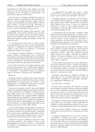 10.782        DIARIO OFICIAL DE GALICIA                                 Nº 121 Martes, 23 de xuño de 2009

necesidades de tipo físico, pero tamén as de tipo         Tempos.
afectivo, as de convivencia, as de exploración, as de
autonomía, as de actividade, de movemento e de             -A organización do tempo das nenas e nenos
expresión en todas as súas facetas.                      menores de tres anos debe ser moi flexible para ade-
                                                         cuarse aos seus ritmos de actividade e descanso.
  -A escola no seu conxunto conformarase como un
ambiente amable e agradable que lles posibilite aos        -O equipo educativo do primeiro ciclo da educa-
cativos e cativas sentirse cómodos e seguros, favore-    ción infantil deberá organizar o tempo de maneira
cendo a súa introdución no mundo artístico. Por iso      que permita pasar dunha organización rexida polo
debe coidarse a estética da escola, ofrecendo un         ritmo biolóxico dos nenos e nenas nos primeiros
ambiente visual rico pero equilibrado, no que se coi-    momentos a outra en que progresivamente irá
de non caer nos estereotipos nin no exceso.              aumentando o peso do ritmo externo marcado pola
                                                         actividade da propia escola.
  -A organización dos espazos debe garantir a súa
flexibilidade, é dicir, debe posibilitar que non todas     -A distribución da xornada debe establecer unha
as nenas e nenos fagan o mesmo ao mesmo tempo, e         alternancia de períodos tranquilos e estables, esen-
tamén debe permitir unha variedade de usos dos           ciais para crear un clima de seguridade que lles per-
diferentes espazos ao longo da xornada e mesmo ao        mita aos nenos e nenas anticipar as situacións, e
longo do curso.                                          outros momentos que favorezan situacións novas e
                                                         estimulantes que esperten a súa curiosidade e unha
  -A concepción da escola como un marco seguro           actitude de descubrimento permanente.
ten que permitirlles aos nenos e nenas experimentar,
expresarse e desprazarse de maneira autónoma sen           -Na organización das actividades deberase consi-
coartar as súas ansias de aventura e o necesario         derar sempre un tempo abondo para desenvolvelas
desafío que impón o crecemento.                          sen présa e incluíndo un momento para recoller a
  -Os espazos exteriores deberán ser obxecto do          experiencia vivida e falar dela, poñendo especial
mesmo coidado e planificación que os interiores,         énfase nos procesos vividos e non tanto nos produtos
explorando as diversas posibilidades de aprendizaxe      obtidos. Así mesmo, deberase ter en conta que as
e interacción que ofertan, sobre todo nuns momentos      nenas e os nenos necesitan un tempo de transición
en que a actividade se desenvolve maioritariamente       entre unha e a seguinte.
entre iguais, libre da carga dirixista do adulto.          -Terase especial precaución en evitar a diferencia-
  -Na escola de primeiro ciclo deben ademais esta-       ción entre momentos lectivos e outros máis lúdicos
blecerse espazos para que os adultos que comparten       ou asistenciais, xa que toda a vida da escola infantil
a vida dos pequenos e pequenas (as súas familias e       se desenvolverá baixo un prisma de aprendizaxe,
as educadoras e educadores) atopen un ambiente           non só de destrezas instrumentais, senón de hábitos,
onde se encontrar e relacionar con comodidade.           emocións e interacción social.
 Materiais.                                                -Asemade reduciranse no posible os tempos de
                                                         espera que ás veces resultan inherentes á vida en
  -O equipo educativo deberá seleccionar todo tipo       colectividade, contando con actividades alternati-
de materiais para a estimulación das nenas e nenos,      vas, organizando subgrupos, etc.
dispoñéndoos de maneira que se incentive a súa
manipulación e facéndoas/os partícipes na respon-         2. A relación co contorno.
sabilidade do seu coidado e organización.
                                                           Os dous polos principais de relación co medio
  -Nas aulas de primeiro ciclo de educación infantil     social durante o primeiro ciclo da educación infantil
contarase cunha oferta ampla de materiais de diferen-    son a escola e a familia, de ambas as dúas recibirán
te tipo -comerciais, de refugallo, recollidos nas saí-   os nenos as normas e os valores que marcarán o seu
das, traídos polos nenos e nenas- e permitiráselles      desenvolvemento, polo que as relacións que se esta-
elixilos libremente para proporcionarlles múltiples      blezan entre unha e outra serán fundamentais para
oportunidades para a aprendizaxe. Son especialmente      unha intervención educativa apropiada.
enriquecedores neste ciclo os materiais continuos e
naturais que ofrecen oportunidades de experimenta-         Así mesmo, un obxectivo de toda intervención edu-
ción coa materia e as súas modificacións pola acción     cativa debe ser o de aspirar a unha escola libre de
humana: auga, area, rochas, follas, froitas...           actitudes de discriminación por razón de sexo, raza,
                                                         costumes, relixión ou limitacións físicas ou psíquicas.
  -As novas tecnoloxías introduciranse nas aulas de
primeiro ciclo de educación infantil como un elemen-       Con este motivo deberían seguirse as seguintes
to cotián en relación cos acontecementos e situacións    orientacións ao desenvolver as actuacións na escola
que se viven nela, consideradas nunha dobre verten-      infantil.
te: como ferramentas para a propia escola e como ins-      -O equipo educativo debe ter en conta o contexto
trumentos do desenvolvemento das nenas e nenos.          sociocultural e familiar dos nenos e nenas para
  -Cómpre ter especial coidado na selección e utili-     garantir a necesaria conexión entre os dous ámbitos.
zación dos materiais e dos espazos de cara a evitar      A escola debe falar por si mesma da comunidade
desigualdades por razón de xénero e a transmisión        onde está inmersa, sen menoscabo da introdución de
de actitudes e comportamentos sexistas a través do       elementos doutras culturas que mostren un mundo
currículo oculto.                                        diverso e multicultural.
 