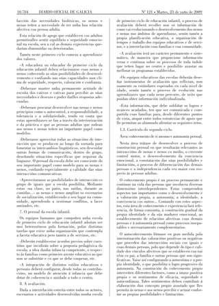 10.784        DIARIO OFICIAL DE GALICIA                                  Nº 121 Martes, 23 de xuño de 2009

facción das necesidades biolóxicas, os nenos e            de primeiro ciclo de educación infantil, o proceso de
nenas teñen a necesidade de ter unha boa relación         avaliación deberá recoller non só información de
afectiva coa persoa adulta.                               como vai evolucionando o desenvolvemento dos nenos
 Esta relación de apego que establecen cos adultos        e nenas nos ámbitos de aprendizaxe, senón tamén a
permitiralles sentir equilibrio e seguridade emocio-      propia planificación educativa, a organización de
nal na escola, sen a cal as demais experiencias que-      tempos e traballo dos equipos educativos e de servi-
darían diminuídas ou deterioradas.                        zos, e a interrelación coas familias e coa comunidade.
  Tamén neste primeiro ciclo comeza a aprendizaxe           -A avaliación terá un carácter permanente e siste-
dos valores.                                              mático, de maneira que proporcione información
                                                          veraz e continua sobre os procesos de toda índole
  -A educadora ou educador do primeiro ciclo da           que teñen lugar no centro e posibilite axustar ou
educación infantil deben relacionarse coas nenas e        mellorar os programas establecidos.
nenos coñecendo as súas posibilidades de desenvol-
vemento e confiando nas súas capacidades nun cli-           -Os equipos educativos das escolas deberán dese-
ma de seguridade, respecto, valoración e confianza.       ñar instrumentos de avaliación que reflictan, non
                                                          soamente os estándares esperados en cada nivel de
  -Deberase manter unha permanente actitude de            idade, senón tamén o proceso de evolución nas
escoita dos cativos e cativas para percibir as súas       aprendizaxes que cada neno percorre, de xeito que
necesidades e desexos e poder darlles respostas ade-      poidan obter información individualizada.
cuadas.
  -Deberase procurar desenvolver nas nenas e nenos          -Esta información, que debe subliñar os logros e
principios como o autocontrol, a responsabilidade, a      avances acadados, ten que ser comunicada e com-
tolerancia e a solidariedade, tendo en conta que          partida coas familias para, desde diferentes puntos
estas aprendizaxes se fan a través da interiorización     de vista, atopar entre todos estratexias de apoio que
e da práctica e que as persoas adultas que rodean         lle permitan ao alumnado afrontar os seguintes retos.
aos nenos e nenas teñen un importante papel como           1.3. Currículo do segundo ciclo.
modelos.
                                                           Área: coñecemento de si mesmo e autonomía persoal.
  -Deberanse aproveitar todas as situacións de inte-
racción que se producen ao longo da xornada para            Nesta área trátase de desenvolver o proceso de
fomentar os intercambios lingüísticos, sen descoidar      construción persoal en que resultarán relevantes as
outras formas de comunicación, dentro do grupo,           interaccións de nenas e nenos co medio, o crecente
deseñando situacións específicas que requiran da          control motor, o desenvolvemento da conciencia
linguaxe. O persoal da escola debe ser consciente do      emocional, a constatación das súas posibilidades e
seu importante papel como modelo para as nenas e          limitacións, o proceso de diferenciación das demais
nenos, coidando especialmente a calidade das súas         persoas e a independencia cada vez maior con res-
interaccións comunicativas.                               pecto ás persoas adultas.
  -Aproveitaranse as posibilidades de interacción co        O coñecemento propio é un proceso permanente e
grupo de iguais que a escola posibilita. Mediante         continuo na vida das persoas que involucra diversas
estas -na clase, no patio, nas saídas, durante as         dimensións interdependentes. Estas comprenden
comidas...- as nenas e nenos amplían os escenarios        aspectos tan importantes como o desenvolvemento e
de socialización, establecendo o seu lugar na comu-       a valoración propia, a autonomía, a identidade, a
nidade, aprendendo a xestionar conflitos, a facer         convivencia cos outros... Contando con estes aspec-
amizades, etc.                                            tos, esta área de coñecemento e experiencia fará refe-
  7. O persoal da escola infantil.                        rencia, de forma conxunta, á construción gradual da
                                                          propia identidade e da súa madurez emocional, ao
  Os equipos humanos que compoñen unha escola             establecemento de relacións afectivas coas demais
de primeiro ciclo de educación infantil adoitan ser       persoas e á autonomía persoal como procesos insepa-
moi heteroxéneos pola formación, polas distintas          rables e necesariamente complementarios.
tarefas que exixe unha organización que contempla
a faceta educativa pero tamén a de servizos, etc.           O autocoñecemento fórmase en gran medida pola
                                                          interiorización das valoracións positivas ou negativas
  -Deberán establecerse acordos previos sobre cues-       que proceden das interaccións sociais cos iguais e
tións que incidirán sobre a proposta pedagóxica da        coas demais persoas, polo que depende do tipo e cali-
escola: a idea dunha infancia competente, o respec-       dade dos vínculos afectivos que se establecen coa nai
to ás familias como primeiro axente educativo ao que      e/ou co pai, a familia e outras persoas que son signi-
non se substitúe e co que se debe cooperar, etc.          ficativas. Vaise así configurando a autoestima e a pro-
  -A integración de distintos estilos educativos e        pia identidade, o que posibilita o logro progresivo da
persoais deberá configurar, desde todas as contribu-      autonomía. Na construción do coñecemento propio
cións, un modelo de atención á infancia que debe          interveñen diferentes factores, como a imaxe positiva
dotar de coherencia e unidade a todo o centro.            propia e os sentimentos de eficacia, seguridade e
                                                          autoconfianza. Tales sentimentos deben contribuír á
  8. A avaliación.                                        elaboración dun concepto propio axustado que lles
  Dada a interrelación estreita entre todos os actores,   permita ás nenas e aos nenos percibir e actuar confor-
escenarios e actividades desenvolvidas nunha escola       me as propias posibilidades e limitacións.
 
