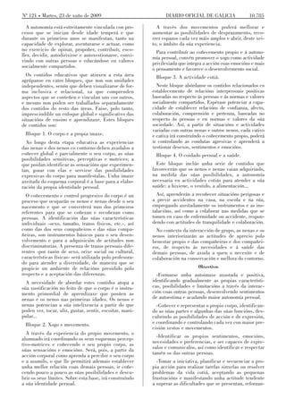 Nº 121 Martes, 23 de xuño de 2009                               DIARIO OFICIAL DE GALICIA               10.785

  A autonomía está estreitamente vinculada con pro-         A través dos movementos poderá mellorar e
cesos que se inician desde idade temperá e que            aumentar as posibilidades de desprazamento, reco-
durante os primeiros anos se manifestan, tanto na         rrer espazos cada vez máis amplos e abrir, deste xei-
capacidade de explorar, aventurarse e actuar, como        to, o ámbito da súa experiencia.
no exercicio de opinar, propoñer, contribuír, esco-         Para contribuír ao coñecemento propio e á autono-
ller, decidir, autodirixirse e autoxestionarse, convi-    mía persoal, convén promover o xogo como actividade
vindo con outras persoas e educándose en valores          privilexiada que integra a acción coas emocións e mais
socialmente compartidos.                                  o pensamento e favorece o desenvolvemento social.
  Os contidos educativos que atinxen a esta área           Bloque 3. A actividade cotiá.
agrúpanse en catro bloques, que non son unidades
independentes, senón que deben visualizarse de for-         Neste bloque abórdanse os contidos relacionados co
ma inclusiva e relacional, xa que comprenden              establecemento de relacións interpersoais positivas
aspectos que se conteñen e vinculan uns cos outros,       baseadas no respecto ás persoas e ás normas e valores
e mesmo non poden ser traballados separadamente           socialmente compartidos. Espérase potenciar a capa-
dos contidos do resto das áreas. Faise, polo tanto,       cidade de establecer relacións de confianza, afecto,
imprescindible un enfoque global e significativo das      colaboración, comprensión e pertenza, baseadas no
situacións de ensino e aprendizaxe. Estes bloques         respecto ás persoas e en normas e valores da súa
de contidos son:                                          sociedade. Así, a partir de situacións e actividades
                                                          variadas con outras nenas e outros nenos, cada cativo
 Bloque 1. O corpo e a propia imaxe.                      e cativa irá construíndo o coñecemento propio, poderá
  Ao longo desta etapa educativa as experiencias          ir controlando as condutas agresivas e aprenderá a
das nenas e dos nenos co contorno deben axudalos a        xestionar desexos, sentimentos e emocións.
coñecer global e parcialmente o seu corpo, as súas         Bloque 4. O coidado persoal e a saúde.
posibilidades sensitivas, perceptivas e motrices; a
que poidan identificar as sensacións que experimen-         Este bloque inclúe unha serie de contidos que
tan, gozar con elas e servirse das posibilidades          favorecerán que os nenos e nenas vaian adquirindo,
expresivas do corpo para manifestalas. Unha imaxe         na medida das súas posibilidades, a autonomía
axeitada do esquema corporal é a base para a elabo-       necesaria en actividades cotiás para atender a súa
ración da propia identidade persoal.                      saúde: a hixiene, o vestido, a alimentación...
  O coñecemento e control progresivo do corpo é un          Así, aprenderán a recoñecer situacións perigosas e
proceso que ocuparán os nenos e nenas desde o seu         a previr accidentes na casa, na escola e na rúa,
nacemento e que se converterá nun dos primeiros           empregando axeitadamente os instrumentos e as ins-
referentes para que se coñezan e recoñezan como           talacións, así como a colaborar nas medidas que se
persoas. A identificación das súas características        tomen en caso de enfermidade ou accidente, respon-
individuais -sexo, tamaño, trazos físicos, etc.-, así     dendo con actitudes de tranquilidade e colaboración.
como das dos seus compañeiros e das súas compa-             No contexto da interacción de grupo, as nenas e os
ñeiras, son instrumentos básicos para o seu desen-        nenos interiorizarán as actitudes de aprecio polo
volvemento e para a adquisición de actitudes non          benestar propio e das compañeiras e dos compañei-
discriminatorias. A presenza de trazos persoais dife-     ros, de respecto ás necesidades e á saúde das
rentes -por razón de sexo, orixe social ou cultural,      demais persoas, de axuda a quen o necesite e de
características físicas- será utilizada polo profesora-   colaboración na conservación e mellora do contorno.
do para atender a diversidade, de maneira que se
propicie un ambiente de relacións presidido polo                                Obxectivos
respecto e a aceptación das diferenzas.                     -Formarse unha autoimaxe axustada e positiva,
  A necesidade de abordar estes contidos atopa a          identificando gradualmente as propias característi-
súa xustificación no feito de que o corpo é o instru-     cas, posibilidades e limitacións a través da interac-
mento primordial de aprendizaxe que posúen as             ción coas outras persoas, desenvolvendo sentimentos
nenas e os nenos nas primeiras idades. Os nenos e         de autoestima e acadando maior autonomía persoal.
nenas potencian a súa intelixencia a partir do que          -Coñecer e representar o propio corpo, identifican-
poden ver, tocar, ulir, gustar, sentir, escoitar, mani-   do as súas partes e algunhas das súas funcións, des-
pular...                                                  cubrindo as posibilidades de acción e de expresión,
 Bloque 2. Xogo e movemento.                              e coordinando e controlando cada vez con maior pre-
                                                          cisión xestos e movementos.
  A través da experiencia do propio movemento, o
alumnado irá coordinando os seus esquemas percep-           -Identificar os propios sentimentos, emocións,
tivo-motrices e coñecendo o seu propio corpo, as          necesidades e preferencias, e ser capaces de expre-
súas sensacións e emocións. Será, pois, a partir da       salos e comunicalos, así como identificar e respectar
acción corporal como aprenda a percibir o seu corpo       tamén os das outras persoas.
e a asumilo, o que lle permitirá ademais establecer         -Tomar a iniciativa, planificar e secuenciar a pro-
unha mellor relación coas demais persoas, ir coñe-        pia acción para realizar tarefas sinxelas ou resolver
cendo pouco a pouco as súas posibilidades e descu-        problemas da vida cotiá, aceptando as pequenas
brir os seus límites. Sobre esta base, irá construíndo    frustracións e manifestando unha actitude tendente
a súa identidade persoal.                                 a superar as dificultades que se presentan, reforzan-
 