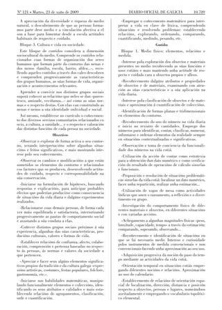 Nº 121 Martes, 23 de xuño de 2009                                DIARIO OFICIAL DE GALICIA                10.789

  A apreciación da diversidade e riqueza do medio            -Empregar o coñecemento matemático para inter-
natural, o descubrimento de que as persoas forma-          pretar a vida en clave de lóxica, comprendendo
mos parte dese medio e a vinculación afectiva a el         situacións e resolvendo problemas: establecendo
son a base para fomentar desde a escola actitudes          relacións, explorando, ordenando, comparando,
habituais de respecto e coidado.                           cuantificando, medindo, pesando, etc.
  Bloque 3. Cultura e vida en sociedade.                                          Contidos
  Este bloque de contidos considera a dimensión             Bloque 1. Medio físico: elementos, relacións e
sociocultural do medio. Comprende os contidos rela-        medida.
cionados coas formas de organización dos seres               -Interese pola exploración dos obxectos e materiais
humanos que forman parte do contorno das nenas e           presentes no medio recoñecendo as súas funcións e
dos nenos -familia, escola, barrio, aldea...-, reco-
                                                           usos cotiáns e mais mantendo unha actitude de res-
llendo aqueles contidos a través dos cales descobren
                                                           pecto e coidado cara a obxectos propios e alleos.
e comprenden progresivamente as características
dos grupos humanos, as súas formas de vida, organi-          -Recoñecemento dalgúns atributos e propiedades
zación e acontecementos relevantes.                        de obxectos e de materiais, examinando con aten-
                                                           ción as súas características e a súa aplicación na
  Aprender a convivir nos distintos grupos sociais
                                                           vida diaria.
suporá coñecer as relacións que neles se dan -paren-
tesco, amizade, veciñanza...- así como as súas nor-          -Interese pola clasificación de obxectos e de mate-
mas e o respecto destas. Con elas van construíndo as       riais e aproximación á cuantificación de coleccións.
nenas e nenos a súa identidade individual e social.          -Identificación de formas planas e tridimensionais
  Así mesmo, establécese no currículo o coñecemen-         en elementos do contorno.
to dos diversos servizos comunitarios relacionados co        -Recoñecemento do uso do número na vida diaria
ocio, a cultura, a sanidade... e o respecto e valoración   e inicio no rexistro de cantidades. Emprego dos
das distintas funcións de cada persoa na sociedade.        números para identificar, contar, clasificar, numerar,
                       Obxectivos                          informarse e ordenar elementos da realidade sempre
  -Observar e explorar de forma activa o seu contor-       en situacións contextualizadas e significativas.
no, xerando interpretacións sobre algunhas situa-           -Observación e toma de conciencia da funcionali-
cións e feitos significativos, e mais mostrando inte-      dade dos números na vida cotiá.
rese polo seu coñecemento.                                   -Utilización da acción de contar como estratexia
  -Observar os cambios e modificacións a que están         para a obtención dun dato numérico e como verifica-
sometidos os elementos do contorno e relacionalos          ción do resultado de operacións de cálculo sinxelas
cos factores que os producen, desenvolvendo actitu-        e funcionais.
des de coidado, respecto e corresponsabilidade na            -Proposición e resolución de situacións problemáti-
súa conservación.                                          cas sinxelas da vida cotiá: localizar un dato numérico,
  -Iniciarse na formulación de hipóteses, buscando         facer unha repartición, realizar unha estimación...
respostas e explicacións, para anticipar probables           -Utilización de xogos de mesa como actividades
efectos que poderían producirse como consecuencia          lúdicas que unen o razoamento, a reflexión e o diver-
de situacións da vida diaria e dalgúns experimentos        timento en grupo.
realizados.
                                                             -Investigación do comportamento físico de dife-
  -Relacionarse coas demais persoas, de forma cada
                                                           rentes materiais e obxectos, en diferentes situacións
vez máis equilibrada e satisfactoria, interiorizando
                                                           e con variadas accións.
progresivamente as pautas de comportamento social
e axustando a súa conduta a elas.                            -Achegamento a algunhas magnitudes físicas -peso,
                                                           lonxitude, capacidade, tempo- a través da estimación:
  -Coñecer distintos grupos sociais próximos á súa
                                                           comparando, sopesando, observando...
experiencia, algunhas das súas características, pro-
ducións culturais, valores e formas de vida.                 -Recoñecemento e identificación de situacións en
                                                           que se fai necesario medir. Interese e curiosidade
  -Establecer relacións de confianza, afecto, colabo-
                                                           polos instrumentos de medida convencionais e non
ración, comprensión e pertenza baseadas no respec-
                                                           convencionais facendo unha aproximación ao seu uso.
to ás persoas, ás normas e valores da sociedade a
que pertencen.                                              -Adquisición progresiva da noción do paso do tem-
  -Apreciar e facer seus algúns elementos significa-       po mediante as actividades da vida cotiá.
tivos propios da tradición e da cultura galega -expre-       -Orientación temporal en situacións cotiás empre-
sións artísticas, costumes, festas populares, folclore,    gando diferentes nocións e relacións. Aproximación
gastronomía, etc.-.                                        ao uso do calendario.
   -Iniciarse nas habilidades matemáticas, manipu-           -Establecemento de relacións de orientación espa-
lando funcionalmente elementos e coleccións, iden-         cial de localización, dirección, distancia e posición
tificando os seus atributos e calidades e mais esta-       respecto a obxectos, persoas e lugares, nomeándoos
blecendo relacións de agrupamentos, clasificación,         axeitadamente e empregando o vocabulario topolóxi-
orde e cuantificación.                                     co elemental.
 