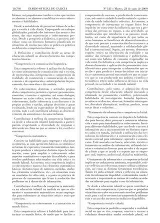 10.798        DIARIO OFICIAL DE GALICIA                                     Nº 121 Martes, 23 de xuño de 2009

blemas; así propoñeranse tarefas e retos que inciten       comprensión de sucesos, a predición de consecuen-
as alumnas e os alumnos a mobilizar os seus coñece-        cias, así como o coidado do medio natural e a protec-
mentos e habilidades.                                      ción da saúde individual e colectiva. Así mesmo, a
                                                           competencia de interactuar co espazo físico leva
  Desde a metodoloxía de proxectos trátase de ache-
                                                           implícito ser consciente da influencia que ten a pre-
gar a escola á vida diaria. Empregando un enfoque
                                                           senza das persoas no espazo, a súa actividade, as
globalizador, partindo dos intereses das nenas e dos
                                                           modificacións que introducen e as paisaxes resul-
nenos, das súas experiencias e coñecementos pre-
                                                           tantes, así como da importancia de que todos os
vios. Desde a perspectiva didáctica, o proxecto arti-
                                                           seres humanos se beneficien do desenvolvemento e
cúlase como un itinerario formativo planificado en
                                                           de que este procure a conservación dos recursos e a
situacións de ensino nas cales se poñen en práctica
                                                           diversidade natural, mantendo a solidariedade glo-
as diferentes competencias básicas.
                                                           bal e interxeracional. Supón, así mesmo, demostrar
  3. Definición e contribución desde as áreas de           espírito crítico na observación da realidade e na
educación infantil ao desenvolvemento das compe-           análise das mensaxes informativas e publicitarias,
tencias básicas                                            así como uns hábitos de consumo responsable na
                                                           vida cotiá. En definitiva, esta competencia implica o
 *Competencia en comunicación lingüística.                 desenvolvemento e aplicación do pensamento cien-
  Esta competencia refírese á utilización da lingua-       tífico-técnico para interpretar a información que se
xe como instrumento de comunicación oral e escrita,        recibe e para predicir e tomar decisións con inicia-
de representación, interpretación e comprensión da         tiva e autonomía persoal nun mundo en que os avan-
realidade, de construción e comunicación do coñe-          ces que se van producindo nos ámbitos científico e
cemento e de organización e autorregulación do pen-        tecnolóxico teñen unha influencia decisiva na vida
samento, das emocións e da conduta.                        persoal, na sociedade e no mundo natural.
  Os coñecementos, destrezas e actitudes propios             Contribuirase, polo tanto, á adquisición desta
desta competencia permiten expresar pensamentos,           competencia desde educación infantil iniciando o
emocións, vivencias e opinións, así como dialogar,         alumnado no pensamento científico, potenciando
formarse un xuízo crítico, xerar ideas, estruturar o       habilidades de investigación: formular hipóteses,
coñecemento, darlle coherencia a un discurso e ás          recoñecer evidencias, observar, formular interrogan-
propias accións e tarefas, adoptar decisións e gozar       tes, descubrir alternativas, verificar, predicir, xerar
escoitando, lendo ou expresándose de forma oral ou         novas ideas e solucións…
escrita, todo o cal contribuirá ademais ao desenvol-         *Tratamento da información e competencia dixital.
vemento da autoestima e da autoconfianza.
                                                             Esta competencia consiste en dispoñer de habilida-
  Contribuirase á mellora da competencia lingüísti-        des para buscar, obter, procesar e comunicar informa-
ca desde a educación infantil fomentando a partici-        ción e mais para transformala en coñecemento. Incor-
pación, respectando a diversidade de respostas e
                                                           pora diferentes habilidades, que van desde o acceso á
ofrecendo un clima no que se anime a ler, escribir e       información ata a súa transmisión en distintos sopor-
conversar.                                                 tes unha vez tratada, incluíndo a utilización das tec-
 *Competencia matemática.                                  noloxías da información e a comunicación como ele-
                                                           mento esencial para informarse, aprender e comuni-
  Consiste na habilidade para empregar e relacionar        carse. Está asociada coa busca, selección, rexistro e
os números, as súas operacións básicas, os símbolos e      tratamento ou análise da información, utilizando téc-
as formas de expresión e razoamento matemático, tan-       nicas e estratexias diversas para acceder a ela segun-
to para producir e interpretar distintos tipos de infor-   do a fonte a que se acuda e o soporte que se empre-
mación, como para ampliar o coñecemento sobre              gue: oral, impreso, audiovisual, dixital ou multimedia.
aspectos cuantitativos e espaciais da realidade, e para
resolver problemas relacionados coa vida cotiá e co          O tratamento da información e a competencia dixital
mundo laboral. Así mesmo, esta competencia implica         implican ser unha persoa autónoma, responsable, críti-
o coñecemento e manexo dos elementos matemáticos           ca e reflexiva ao seleccionar, tratar e utilizar a informa-
básicos -distintos tipos de números, medidas, símbo-       ción, así como as distintas ferramentas tecnolóxicas.
los, elementos xeométricos, etc.- en situacións reais      Tamén ter unha actitude crítica e reflexiva na valora-
ou simuladas da vida cotiá, e a posta en práctica de       ción da información dispoñible, contrastándoa cando é
procesos de razoamento que levan á resolución dos          necesario e respectando as normas de conduta acorda-
problemas ou á obtención de información.                   das socialmente para regular o uso da información.
  Contribuirase á mellora da competencia matemáti-           Se desde a educación infantil se quere contribuír a
ca na educación infantil na medida en que os ele-          mellorar esta competencia, é preciso que se propoñan
mentos e razoamentos matemáticos sexan emprega-            situacións nas cales sexa necesario resolver problemas
dos para enfrontarse ás situacións cotiás e reais que      reais, para o cal se recorrerá ao tratamento da informa-
o precisen.                                                ción e ao uso dos recursos tecnolóxicos dispoñibles.
 *Competencia no coñecemento e a interacción co              *Competencia social e cidadá.
mundo físico.
                                                             Esta competencia posibilita comprender a realidade
  Esta competencia refírese á habilidade para inte-        social en que se vive, cooperar, convivir e exercer a
ractuar co mundo físico, de modo que se facilite a         cidadanía democrática nunha sociedade plural, así
 