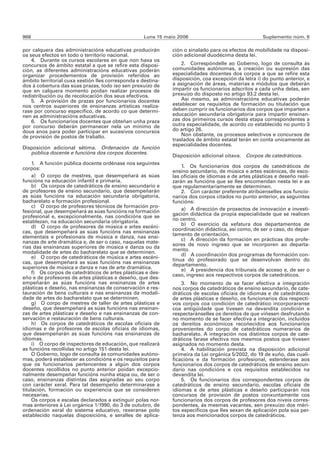 968                                                 Luns 15 maio 2006                                Suplemento núm. 6

por calquera das administracións educativas producirán        ción o sinalado para os efectos de mobilidade na disposi-
os seus efectos en todo o territorio nacional.                ción adicional duodécima desta lei.
    4. Durante os cursos escolares en que non haxa os
concursos de ámbito estatal a que se refire esta disposi-         2. Correspóndelle ao Goberno, logo de consulta ás
ción, as diferentes administracións educativas poderán        comunidades autónomas, a creación ou supresión das
organizar procedementos de provisión referidos ao             especialidades docentes dos corpos a que se refire esta
ámbito territorial cuxa xestión lles corresponda e destina-   disposición, coa excepción da letra i) do punto anterior, e
dos á cobertura das súas prazas, todo iso sen prexuízo de     a asignación de áreas, materias e módulos que deberán
que en calquera momento poidan realizar procesos de           impartir os funcionarios adscritos a cada unha delas, sen
redistribución ou de recolocación dos seus efectivos.         prexuízo do disposto no artigo 93.2 desta lei.
    5. A provisión de prazas por funcionarios docentes            Así mesmo, as administracións educativas poderán
nos centros superiores de ensinanzas artísticas realiza-      establecer os requisitos de formación ou titulación que
rase por concurso específico, de acordo co que determi-       deben cumprir os funcionarios dos corpos que imparten a
nen as administracións educativas.                            educación secundaria obrigatoria para impartir ensinan-
    6. Os funcionarios docentes que obteñan unha praza        zas dos primeiros cursos desta etapa correspondentes a
por concurso deberán permanecer nela un mínimo de             outra especialidade, de acordo co establecido no punto 3
dous anos para poder participar en sucesivos concursos        do artigo 26.
de provisión de postos de traballo.                               Non obstante, os procesos selectivos e concursos de
                                                              traslados de ámbito estatal terán en conta unicamente as
                                                              especialidades docentes.
Disposición adicional sétima. Ordenación da función
   pública docente e funcións dos corpos docentes.
                                                              Disposición adicional oitava. Corpos de catedráticos.
     1. A función pública docente ordénase nos seguintes
corpos:                                                           1. Os funcionarios dos corpos de catedráticos de
                                                              ensino secundario, de música e artes escénicas, de esco-
     a) O corpo de mestres, que desempeñará as súas           las oficiais de idiomas e de artes plásticas e deseño reali-
funcións na educación infantil e primaria.                    zarán as funcións que se lles encomendan nesta lei e as
     b) Os corpos de catedráticos de ensino secundario e      que regulamentariamente se determinen.
de profesores de ensino secundario, que desempeñarán              2. Con carácter preferente atribúenselles aos funcio-
as súas funcións na educación secundaria obrigatoria,         narios dos corpos citados no punto anterior, as seguintes
bacharelato e formación profesional.                          funcións:
     c) O corpo de profesores técnicos de formación pro-
fesional, que desempeñará as súas funcións na formación           a) A dirección de proxectos de innovación e investi-
profesional e, excepcionalmente, nas condicións que se        gación didáctica da propia especialidade que se realicen
establezan, na educación secundaria obrigatoria.              no centro.
     d) O corpo de profesores de música e artes escéni-           b) O exercicio da xefatura dos departamentos de
cas, que desempeñará as súas funcións nas ensinanzas          coordinación didáctica, así como, de ser o caso, do depar-
elementais e profesionais de música e danza, nas ensi-        tamento de orientación.
                                                                  c) A dirección da formación en prácticas dos profe-
nanzas de arte dramática e, de ser o caso, naquelas mate-     sores de novo ingreso que se incorporen ao departa-
rias das ensinanzas superiores de música e danza ou da        mento.
modalidade de artes do bacharelato que se determinen.             d) A coordinación dos programas de formación con-
     e) O corpo de catedráticos de música e artes escéni-     tinua do profesorado que se desenvolvan dentro do
cas, que desempeñará as súas funcións nas ensinanzas          departamento.
superiores de música e danza e nas de arte dramática.             e) A presidencia dos tribunais de acceso e, de ser o
     f) Os corpos de catedráticos de artes plásticas e des-   caso, ingreso aos respectivos corpos de catedráticos.
eño e de profesores de artes plásticas e deseño, que des-
empeñarán as súas funcións nas ensinanzas de artes                3. No momento de se facer efectiva a integración
plásticas e deseño, nas ensinanzas de conservación e res-     nos corpos de catedráticos de ensino secundario, de cate-
tauración de bens culturais e nas ensinanzas da modali-       dráticos de escolas oficiais de idiomas e de catedráticos
dade de artes do bacharelato que se determinen.               de artes plásticas e deseño, os funcionarios dos respecti-
     g) O corpo de mestres de taller de artes plásticas e     vos corpos coa condición de catedrático incorporaranse
deseño, que desempeñará as súas funcións nas ensinan-         coa antigüidade que tivesen na devandita condición e
zas de artes plásticas e deseño e nas ensinanzas de con-      respectaránselles os dereitos de que viñesen desfrutando
servación e restauración de bens culturais.                   no momento de se facer efectiva a integración, incluídos
     h) Os corpos de catedráticos de escolas oficiais de      os dereitos económicos recoñecidos aos funcionarios
idiomas e de profesores de escolas oficiais de idiomas,       provenientes do corpo de catedráticos numerarios de
que desempeñarán as súas funcións nas ensinanzas de           bacharelato. A integración nos distintos corpos de cate-
idiomas.                                                      dráticos farase efectiva nos mesmos postos que tivesen
     i) O corpo de inspectores de educación, que realizará    asignados no momento desta.
as funcións recollidas no artigo 151 desta lei.                   4. A habilitación prevista na disposición adicional
     O Goberno, logo de consulta ás comunidades autóno-       primeira da Lei orgánica 5/2002, do 19 de xuño, das cuali-
mas, poderá establecer as condicións e os requisitos para     ficacións e da formación profesional, estenderase aos
que os funcionarios pertencentes a algún dos corpos           funcionarios dos corpos de catedráticos de ensino secun-
docentes recollidos no punto anterior poidan excepcio-        dario nas condicións e cos requisitos establecidos na
nalmente desempeñar funcións nunha etapa ou, de ser o         devandita lei.
caso, ensinanzas distintas das asignadas ao seu corpo             5. Os funcionarios dos correspondentes corpos de
con carácter xeral. Para tal desempeño determinarase a        catedráticos de ensino secundario, escolas oficiais de
titulación, formación ou experiencia que se consideren        idiomas e de artes plásticas e deseño participarán nos
necesarias.                                                   concursos de provisión de postos conxuntamente cos
     Os corpos e escalas declarados a extinguir polas nor-    funcionarios dos corpos de profesores dos niveis corres-
mas anteriores á Lei orgánica 1/1990, do 3 de outubro, de     pondentes, ás mesmas vacantes, sen prexuízo dos méri-
ordenación xeral do sistema educativo, rexeranse polo         tos específicos que lles sexan de aplicación pola súa per-
establecido naquelas disposicións, e seralles de aplica-      tenza aos mencionados corpos de catedráticos.
 